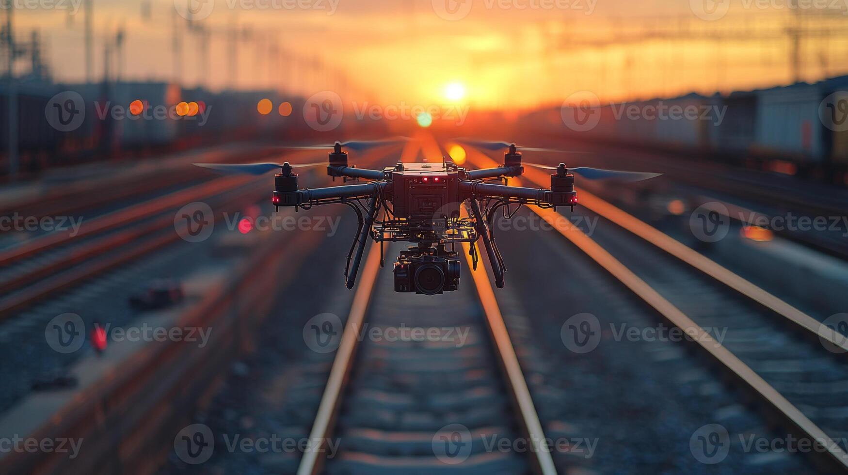 A drone flies above railway tracks at sunset, engaged in surveillance tasks to monitor transportation operations and enhance infrastructure security while capturing essential data. photo