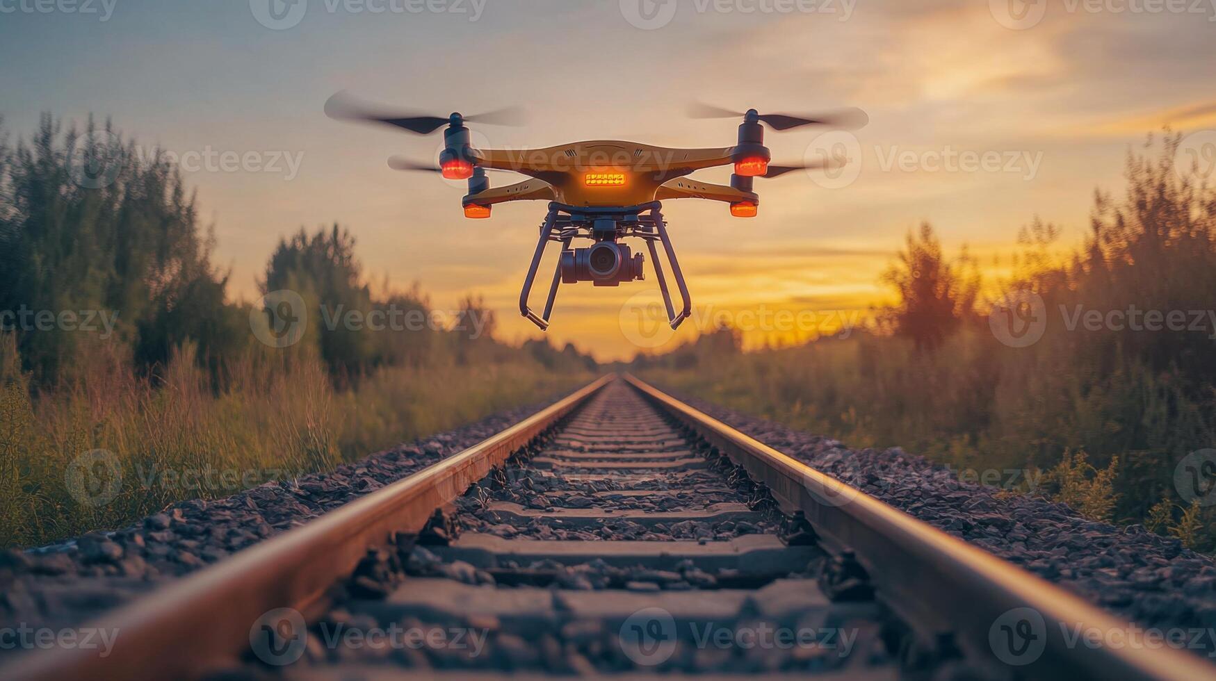 A drone hovers above railway tracks, capturing visual data for inspection and surveillance. The sunset casts a warm glow over the scene, emphasizing the importance of technology in transportation. photo