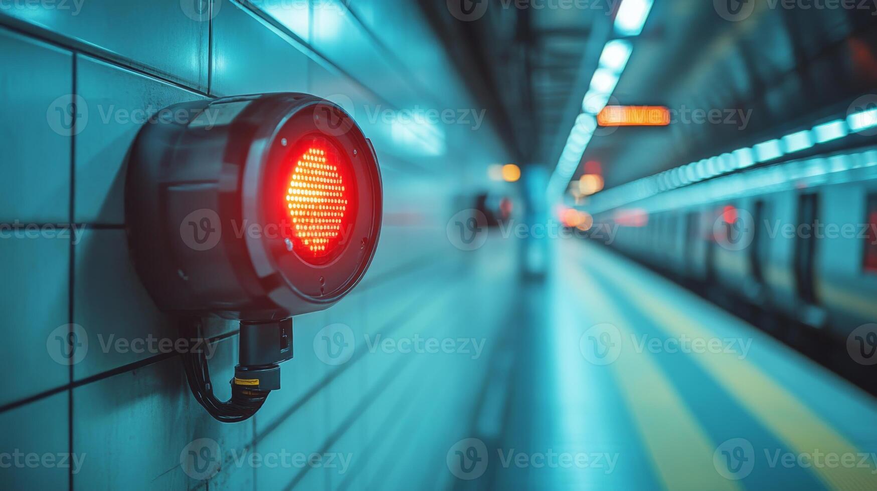 A red light signal illuminates the wall at an underground station, emphasizing transport safety while passengers wait on the platform for their train. photo