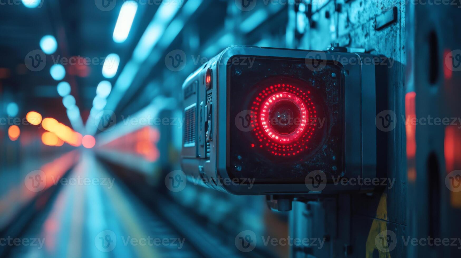 A red alert indicator signals at a secure checkpoint within an urban transportation infrastructure, monitoring the area for safety and compliance during peak hours. photo