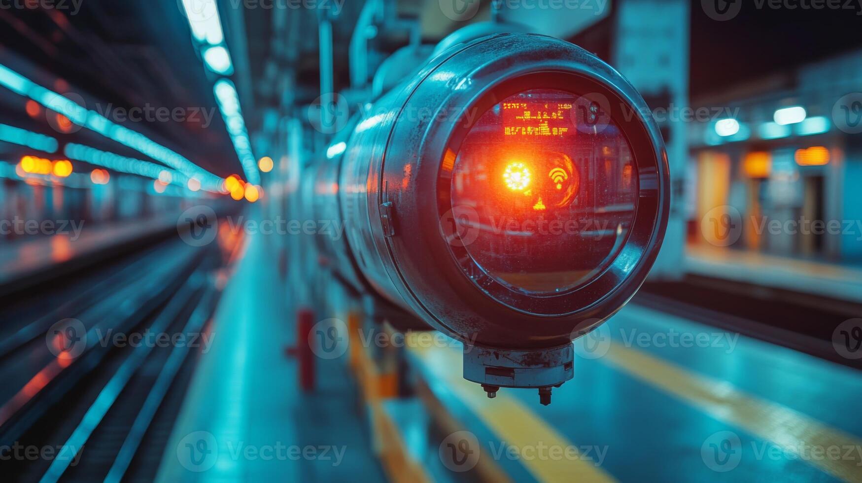 A sophisticated surveillance device is positioned at a bustling transportation checkpoint. The glowing indicator signals system readiness, ensuring safety and efficiency in mobility. photo