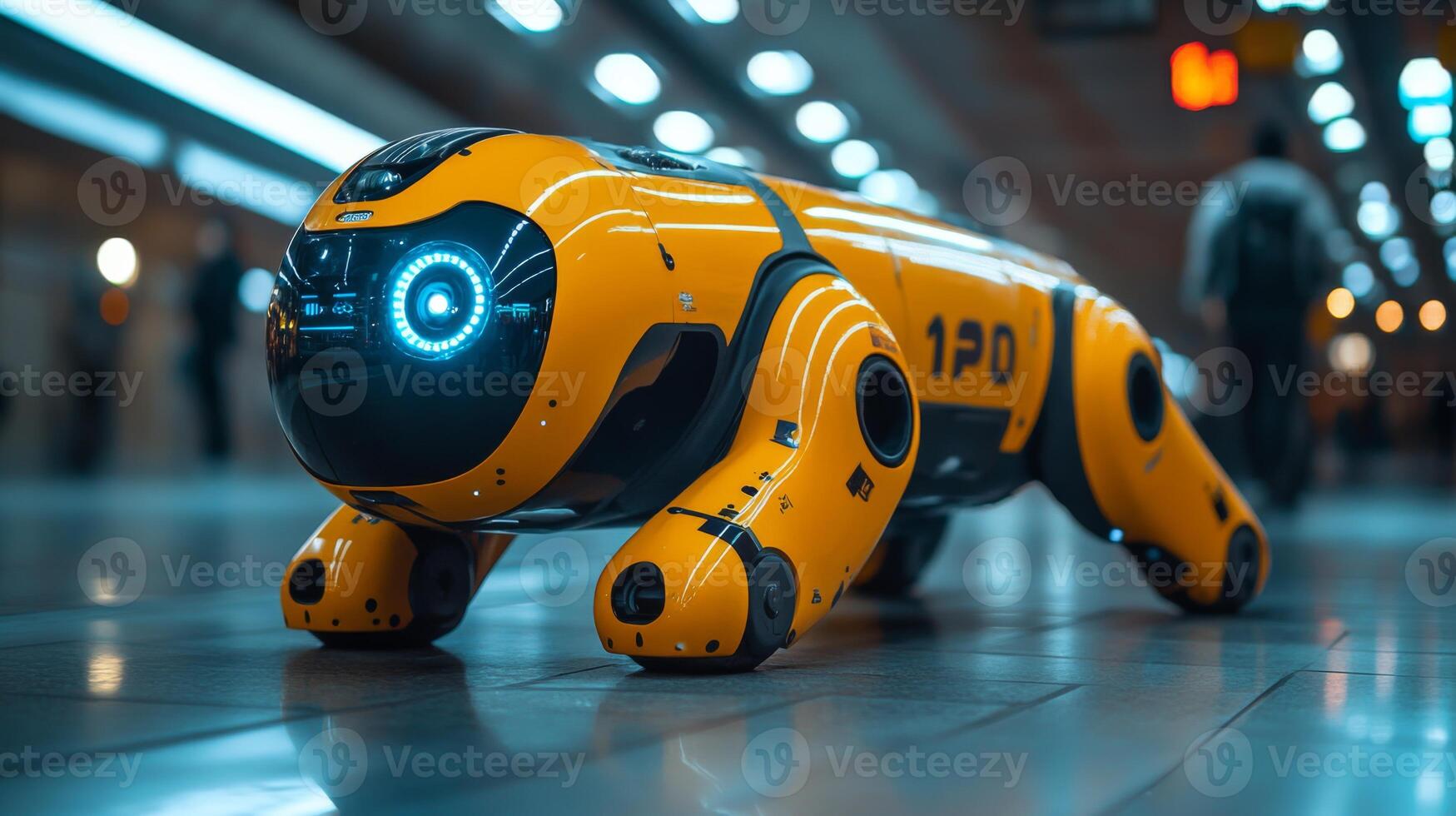 A robotic unit equipped for surveillance maneuvers through a busy transportation hub, actively monitoring for security and operational efficiency during peak hours. photo