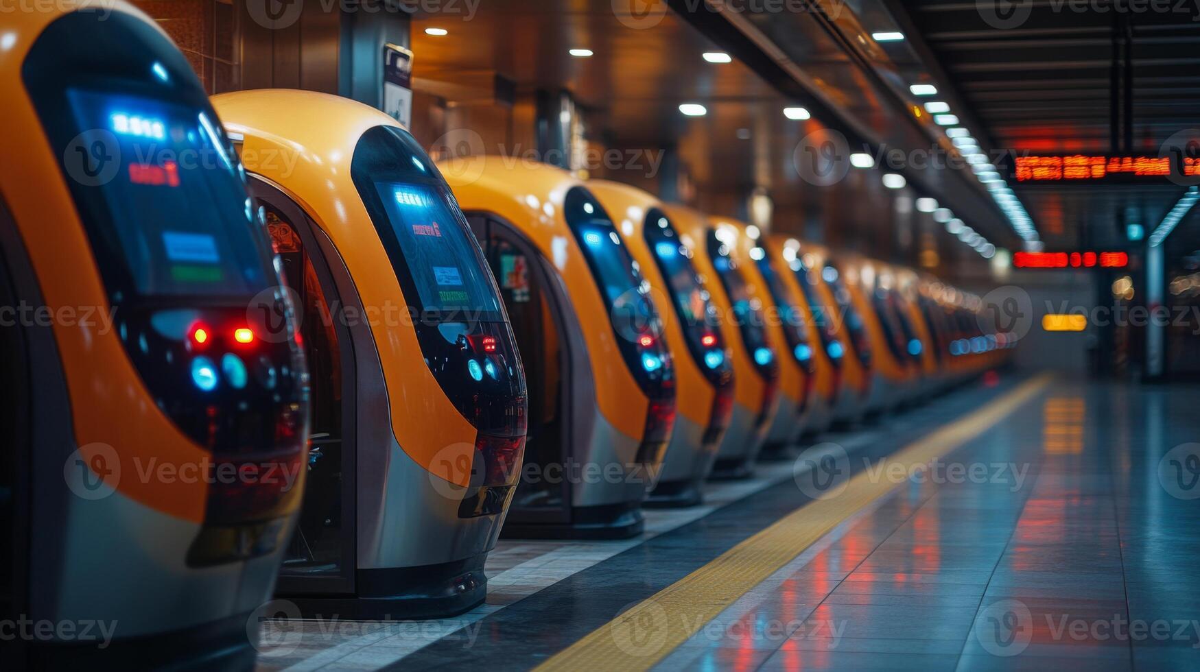 A line of automated transportation units waits at a busy urban subway station, showcasing advanced logistics and monitoring technology designed for efficient passenger flow and security. photo