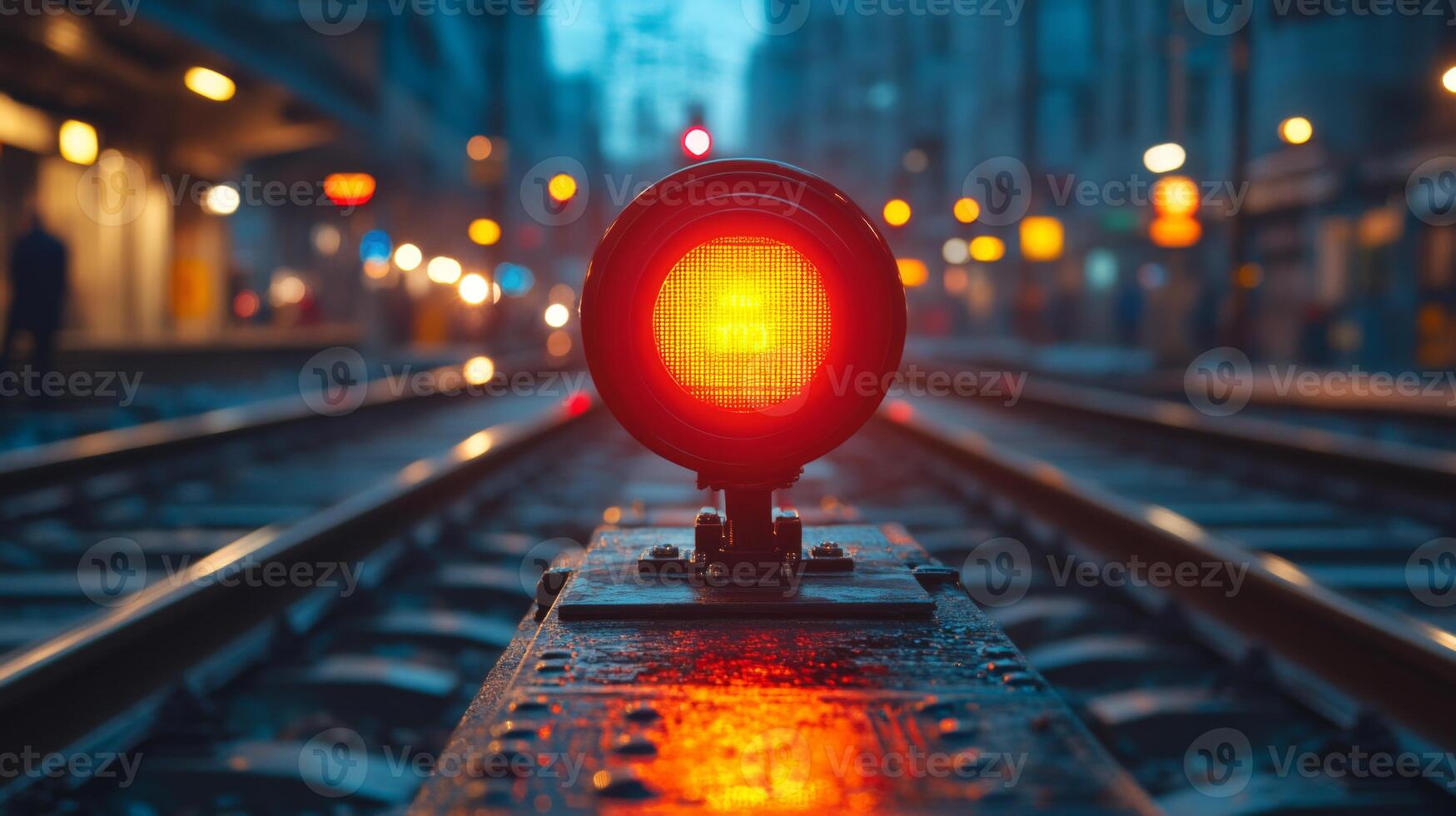 Bright traffic signal stands on railway tracks, illuminating the wet ground while city buildings emerge in the background during early morning, suggesting a busy urban environment. photo