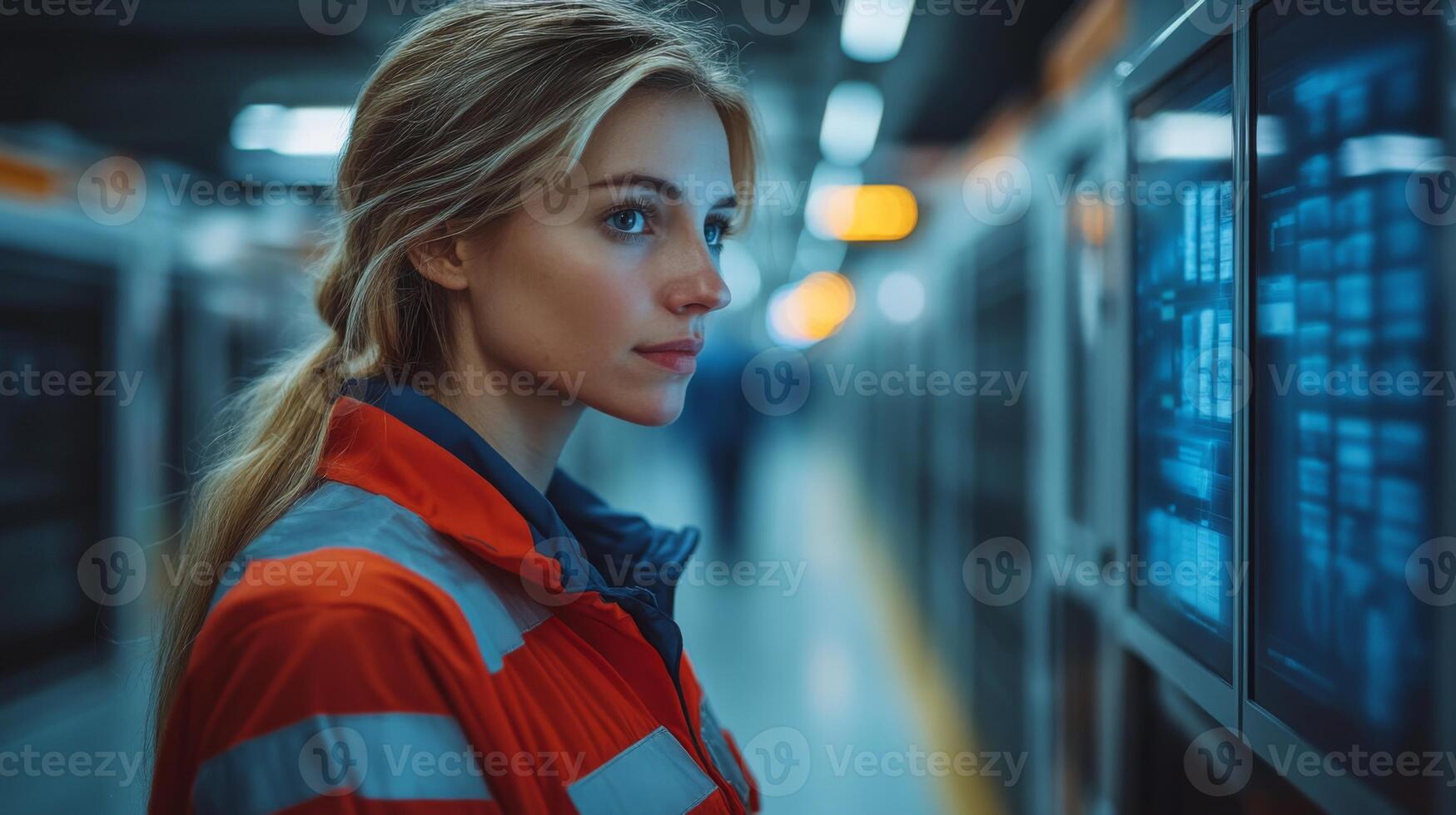 A logistics expert observes data on a digital monitor in a transportation facility, ensuring security and efficiency during the afternoon shift within a busy infrastructure. photo