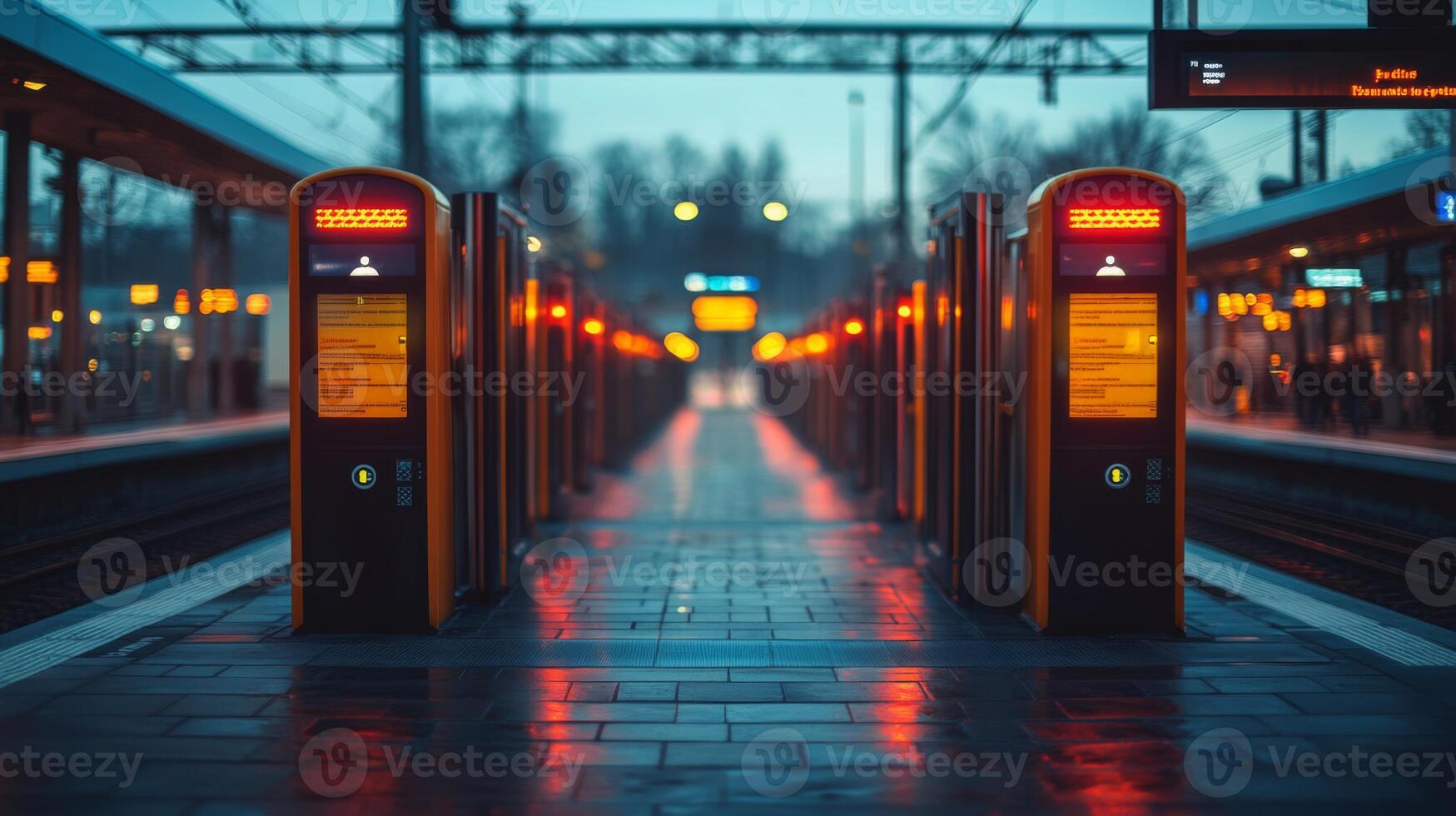 Automated checkpoints illuminated at dusk create a secure environment at this transportation hub, showcasing advanced infrastructure and mobility solutions for effective monitoring. photo
