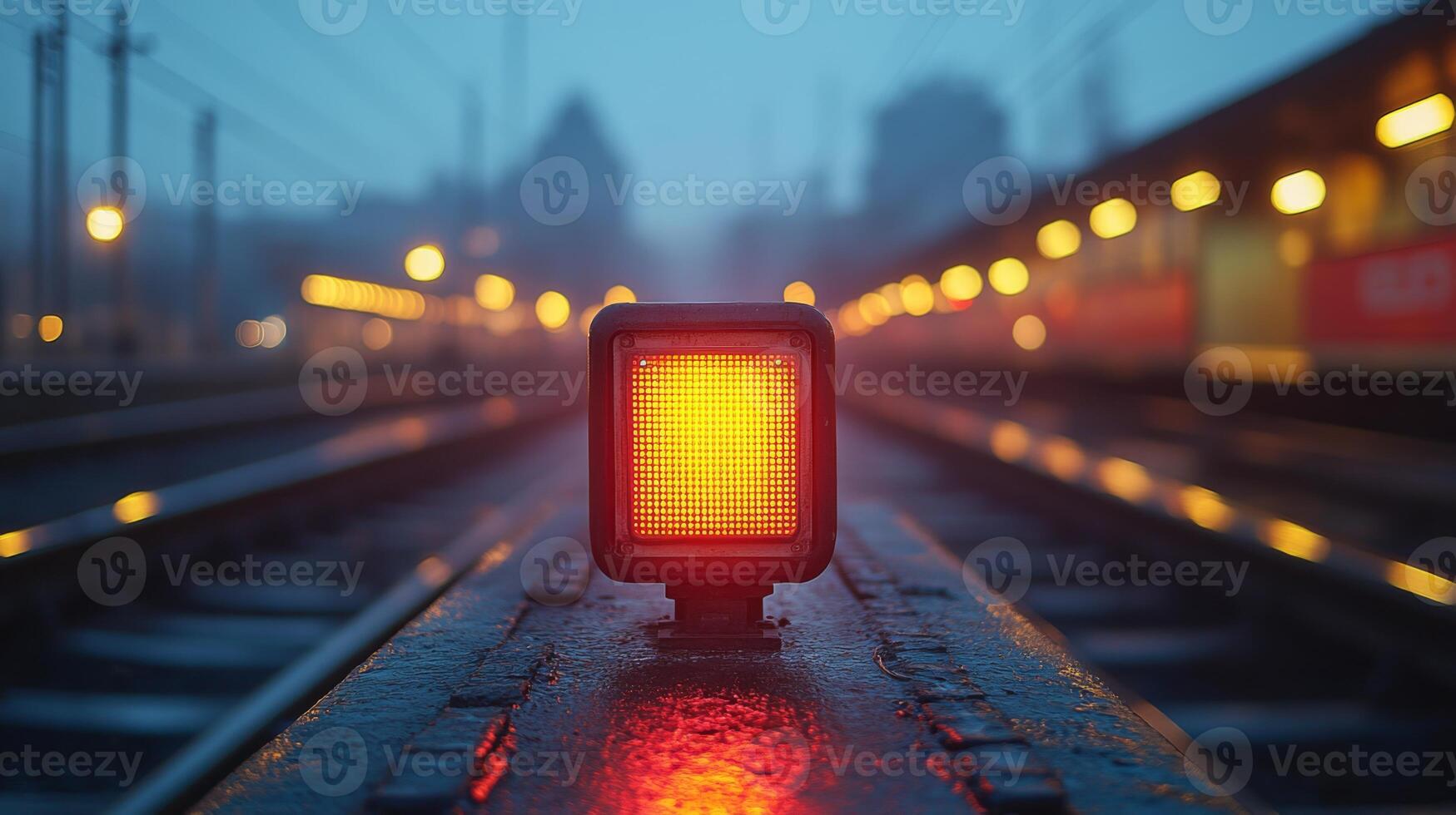 A glowing orange traffic signal stands prominently on railway tracks at dawn, ensuring safety and control at a key transportation checkpoint in a bustling infrastructure network. photo