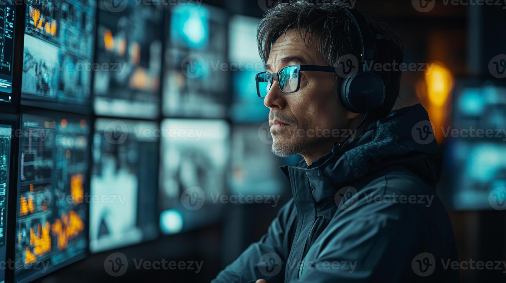 A person wearing headphones and glasses is intently monitoring multiple screens displaying surveillance footage related to logistics and transportation systems. photo