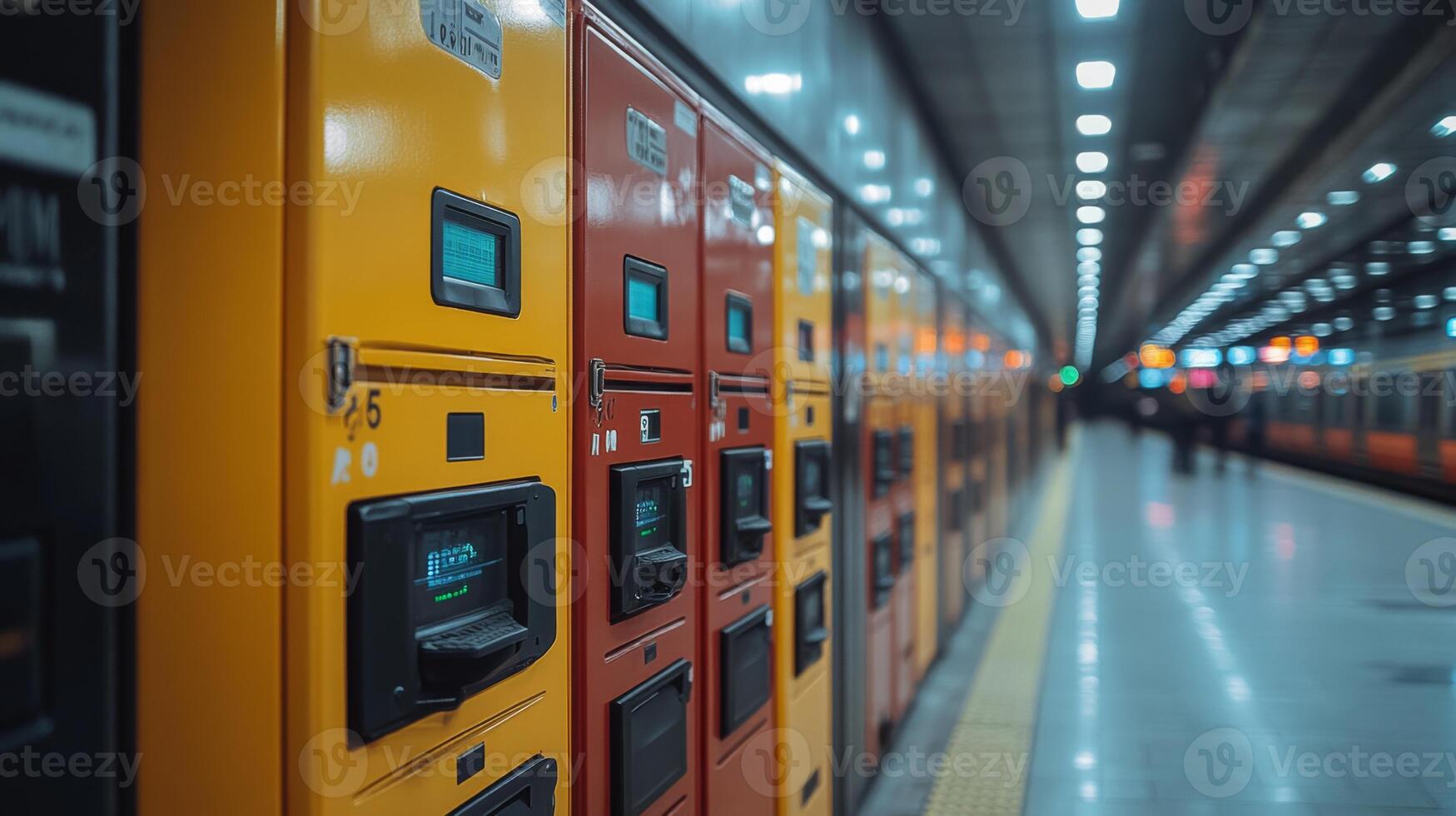 Automated ticket vending machines line the platform of a bustling subway station, ensuring smooth transportation access for commuters while monitoring the flow of passengers and security. photo