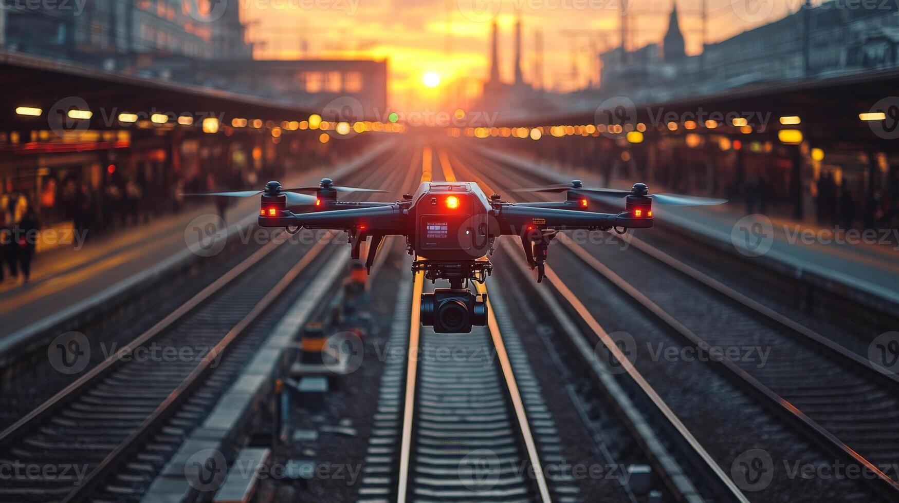 A drone hovers above railway tracks at a busy urban train station during sunset, monitoring logistics and enhancing security through surveillance technologies. photo