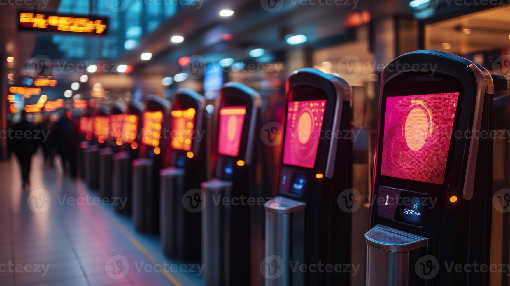 Automated checkpoints equipped with advanced technology monitor and inspect commuters in a bustling urban transit hub during peak hours, ensuring streamlined mobility and safety. photo