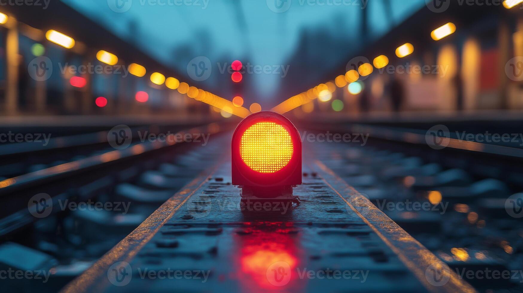 A bright red signal light indicates a stop for approaching trains along the railway tracks during dusk, with blurred station lights glowing in the background. photo