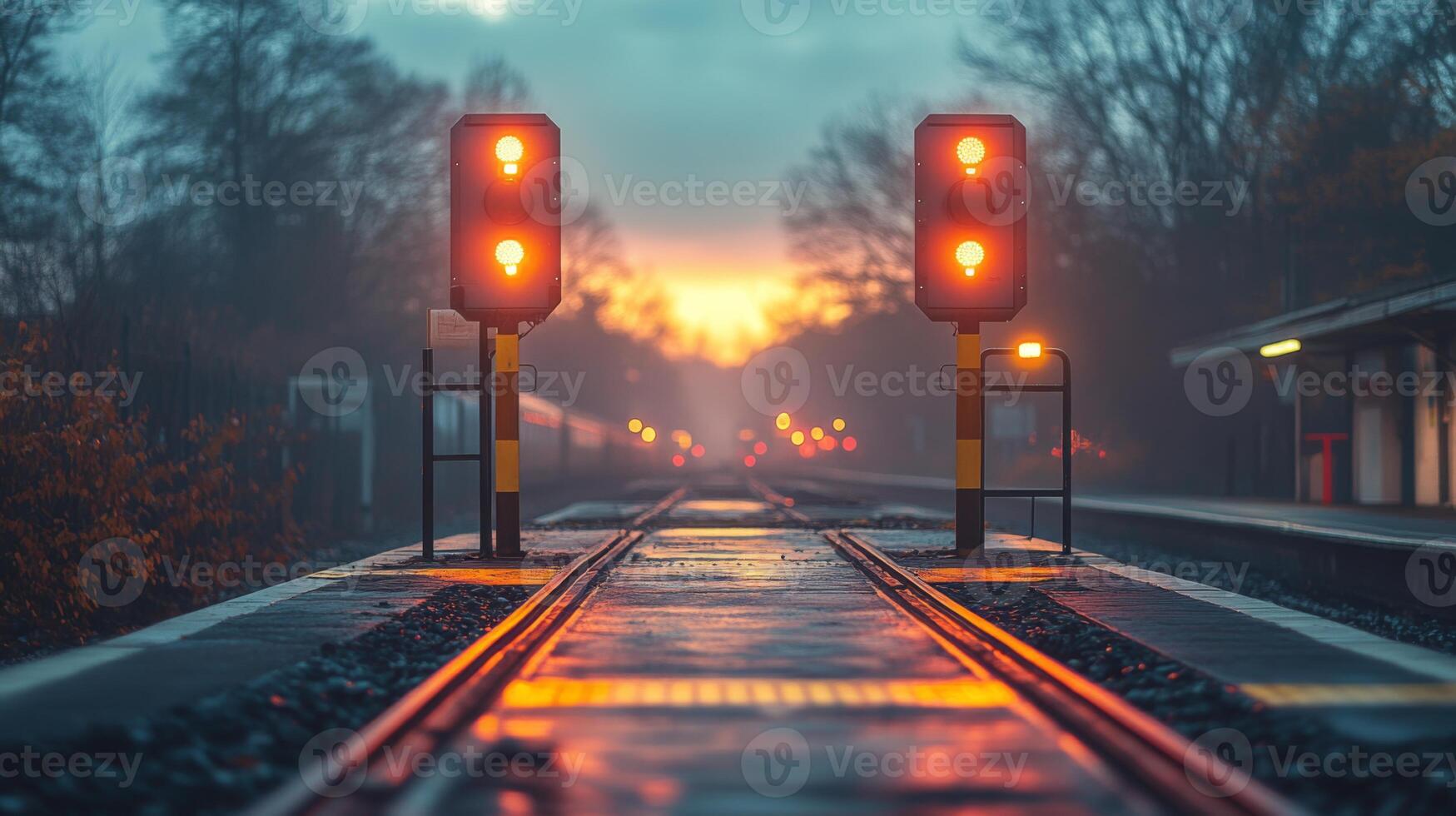Warning signals glow brightly at a railway checkpoint as the sun sets, marking the transition to evening at a calm transportation station surrounded by trees. photo
