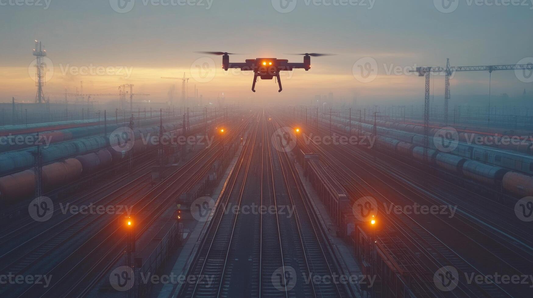 A drone hovers above a rail yard at dusk, inspecting train tracks and cargo containers while ensuring security and operational efficiency in transportation logistics. photo