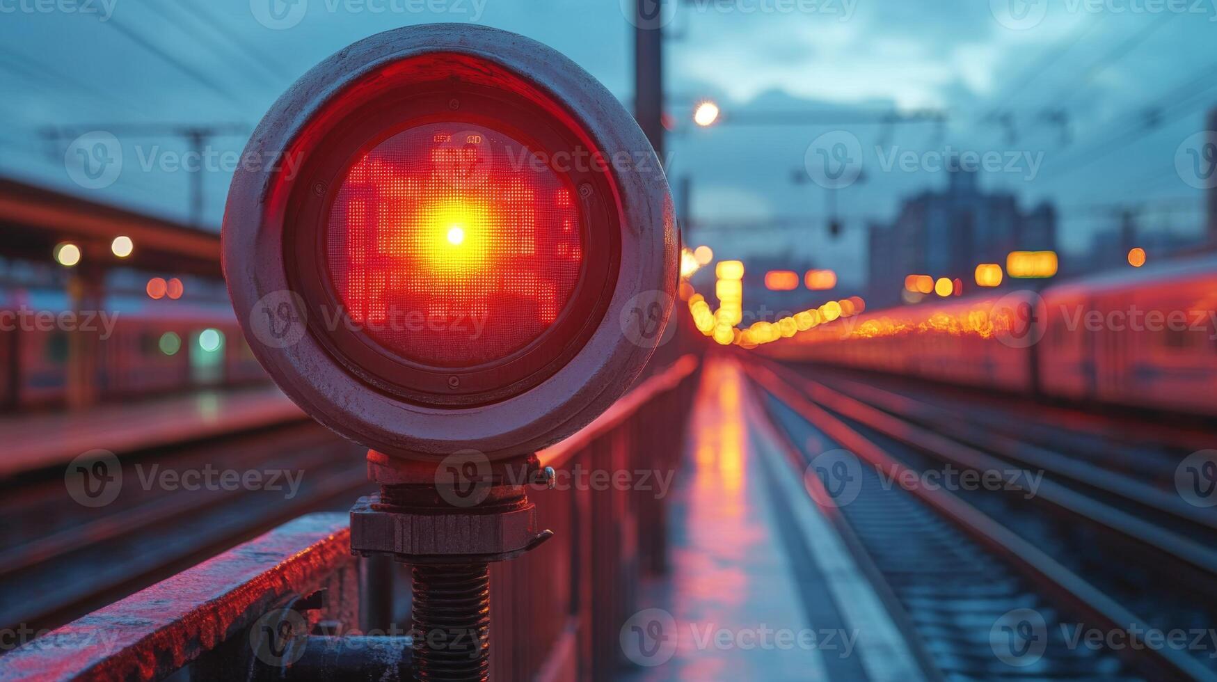 Signal at a train station shines brightly in red, guiding transportation safety. Trains are lined up on the tracks, ready for departure as night falls with urban buildings in the background. photo
