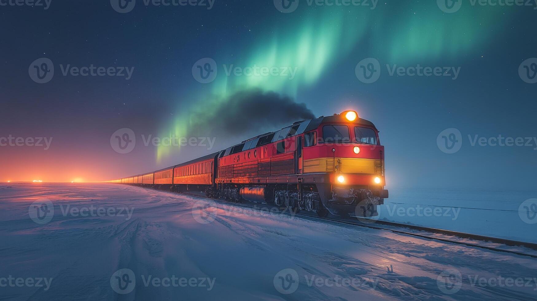 A freight train moves steadily along tracks in a snowy environment, illuminated by the colorful glow of the northern lights in the night sky. photo