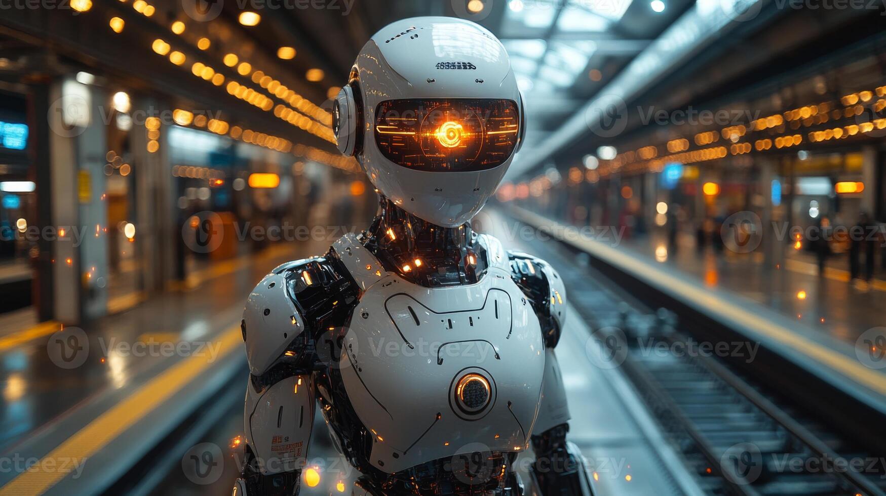 A robotic assistant stands at a transportation hub, actively monitoring the area for security and efficiency. Its advanced sensors focus on logistics and passenger flow during busy hours. photo