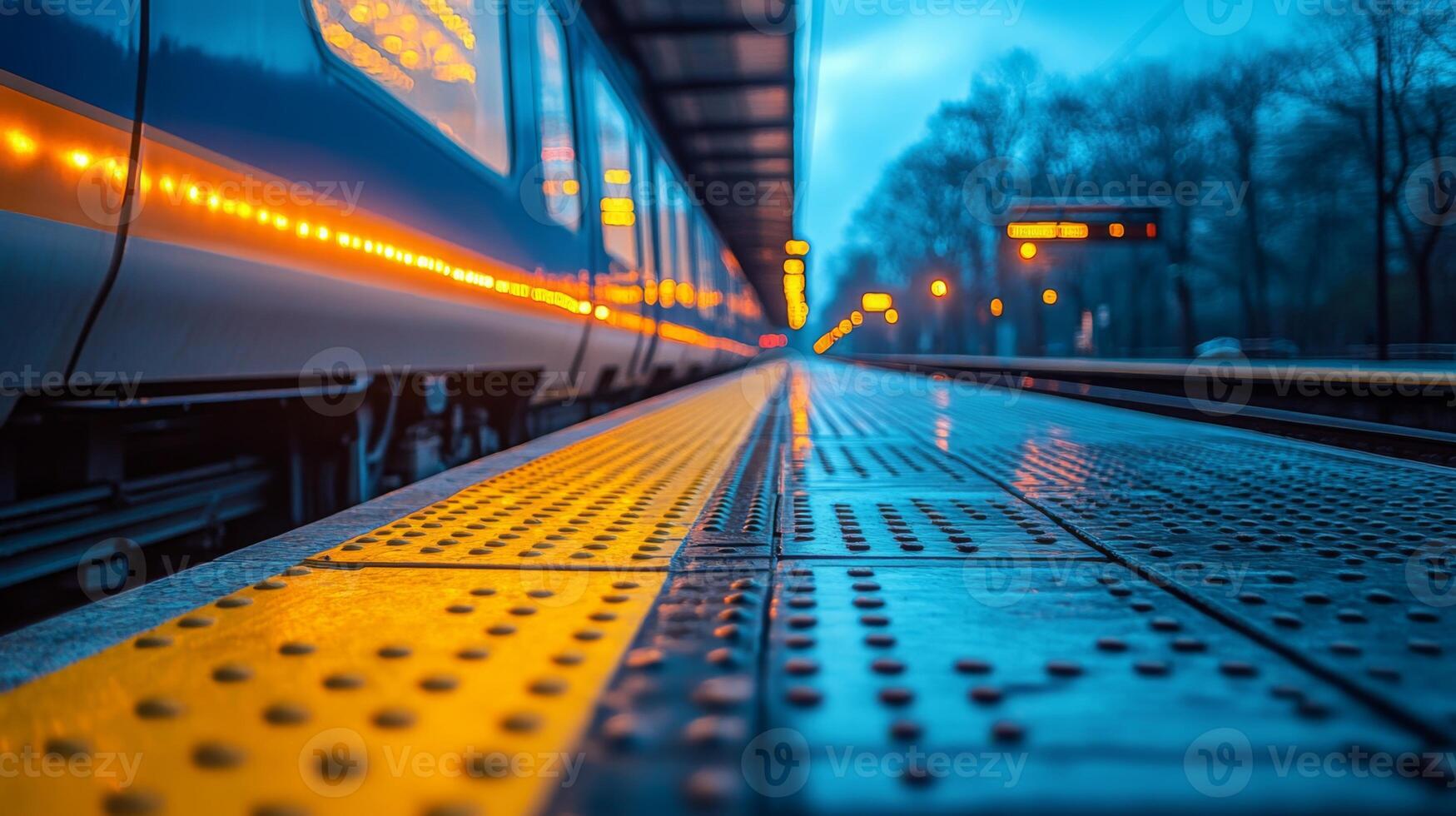 Smooth pavement reflects lights from an approaching train at a railway platform. Automated systems enhance mobility and ensure rigorous security and monitoring at this transport hub. photo