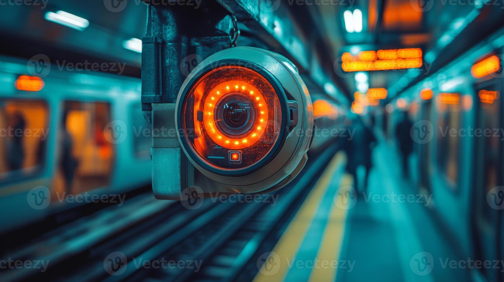 A round surveillance camera with glowing lights is mounted at a subway station, providing security and monitoring as passengers navigate the platform during a busy commute. photo
