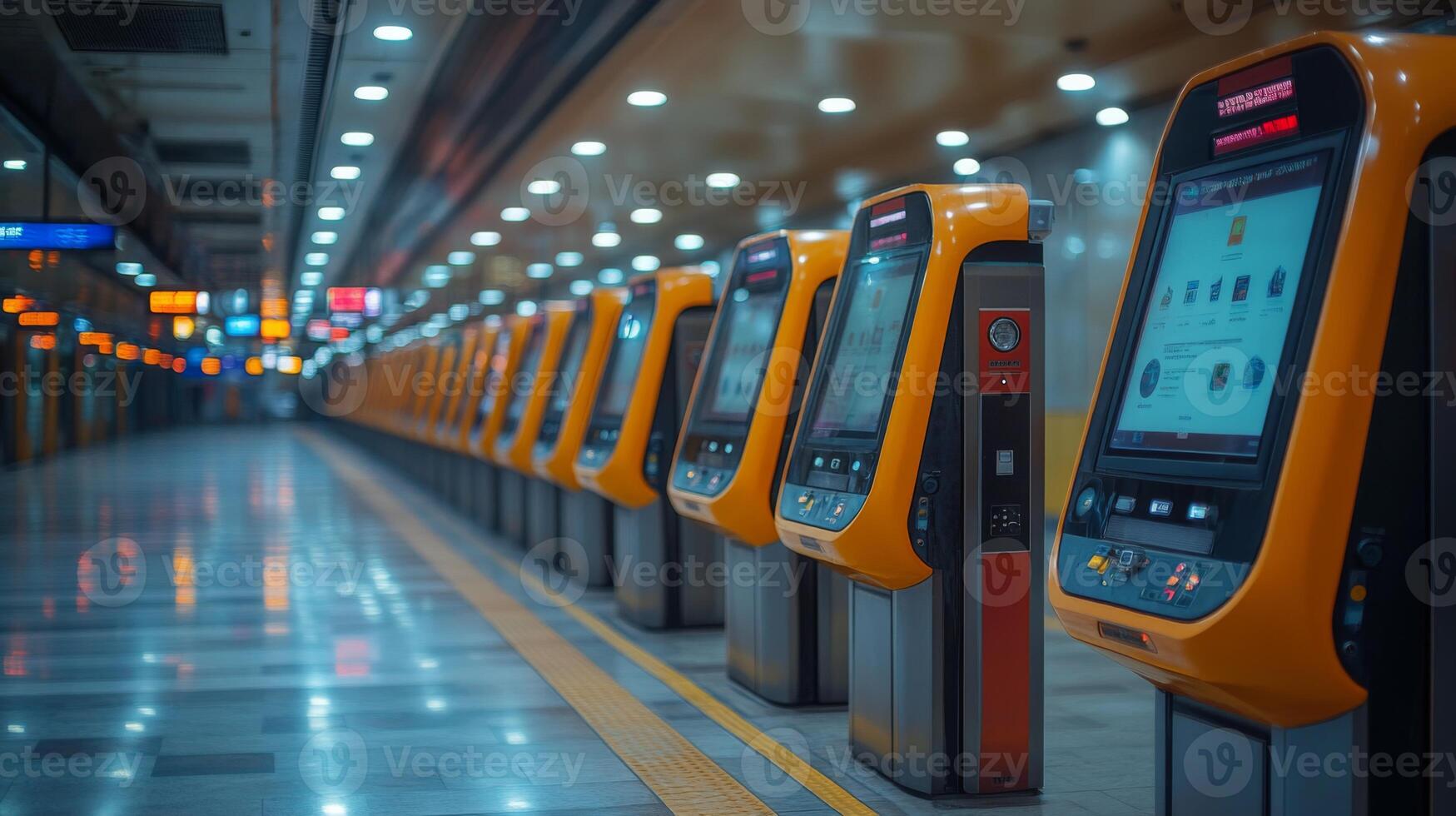 Advanced kiosks for ticketing and information lineup in a well lit transportation hub, emphasizing surveillance and security in urban mobility applications during evening hours. photo