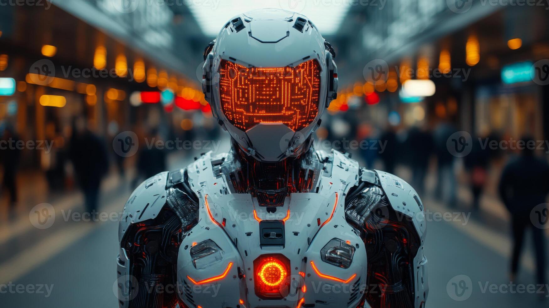 A cutting edge robot equipped with high tech features is positioned in a busy transportation hub, actively monitoring the flow of people and ensuring security for efficient logistics operations. photo