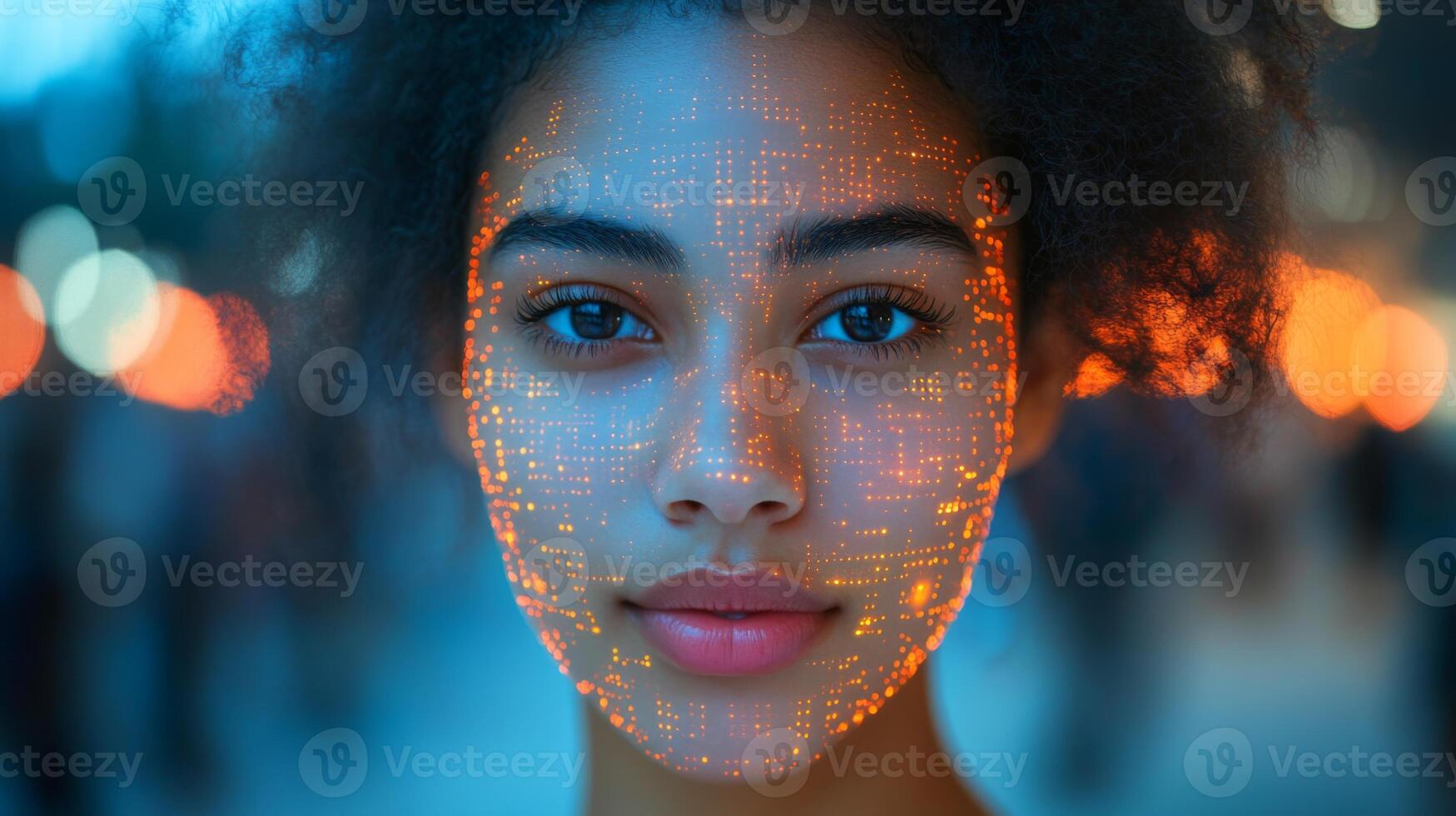 A young individual with intricate digital patterns on their face represents the fusion of technology with logistics and security measures in urban infrastructure. photo