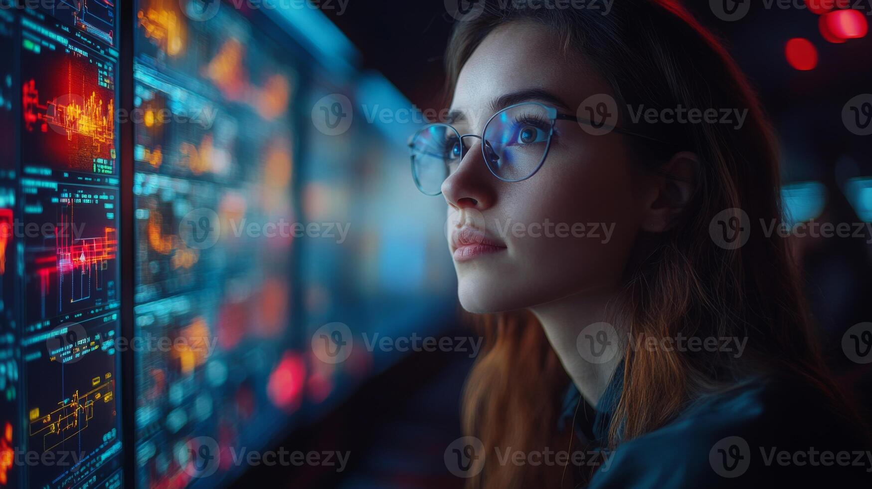 A technician is focused on analyzing real time logistics and transportation data displayed on multiple screens in a modern control room filled with automation tools and surveillance systems. photo