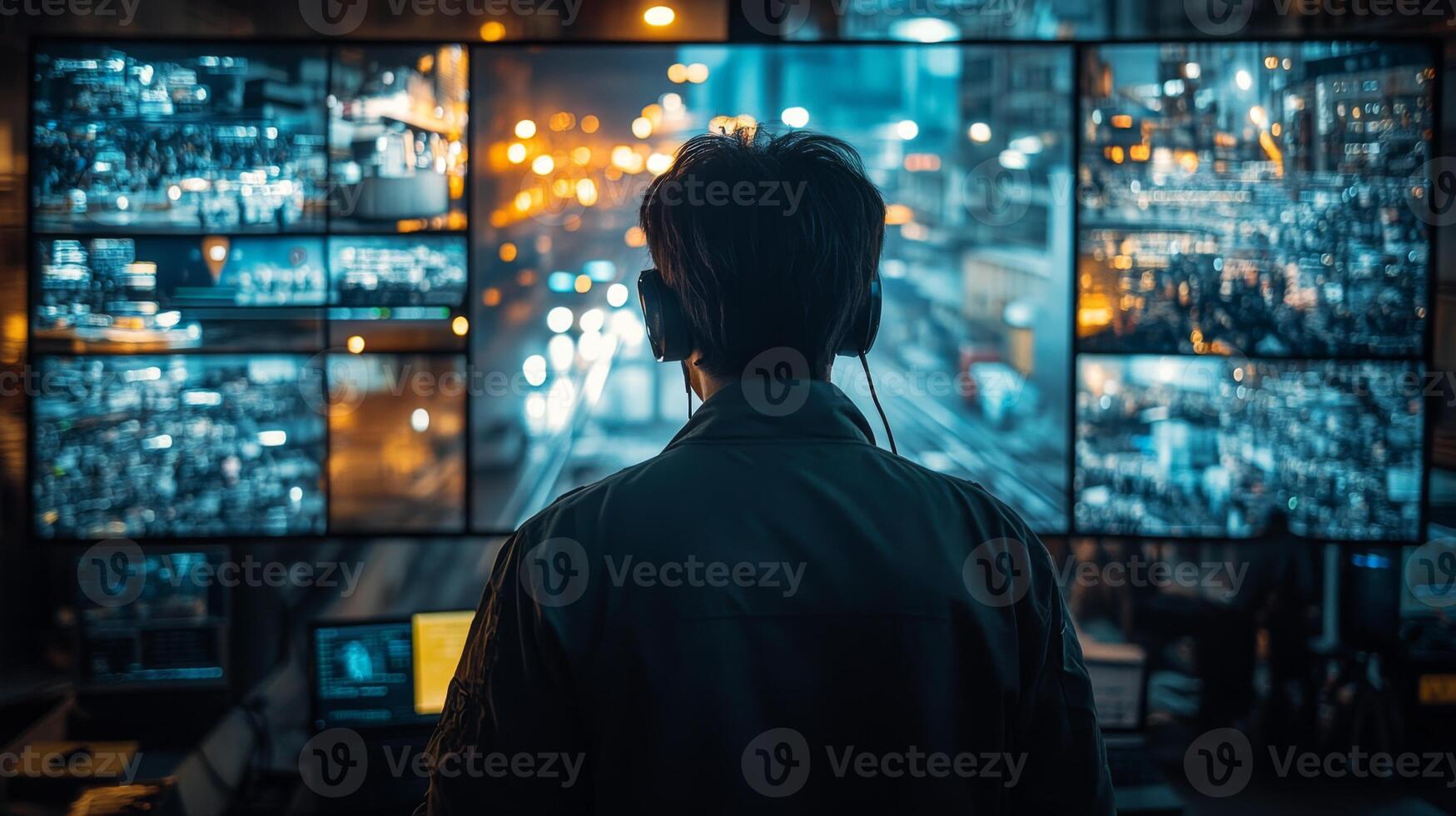 A professional conducts surveillance of transportation systems at a bustling urban checkpoint, utilizing multiple screens to monitor various logistical activities and ensure security. photo