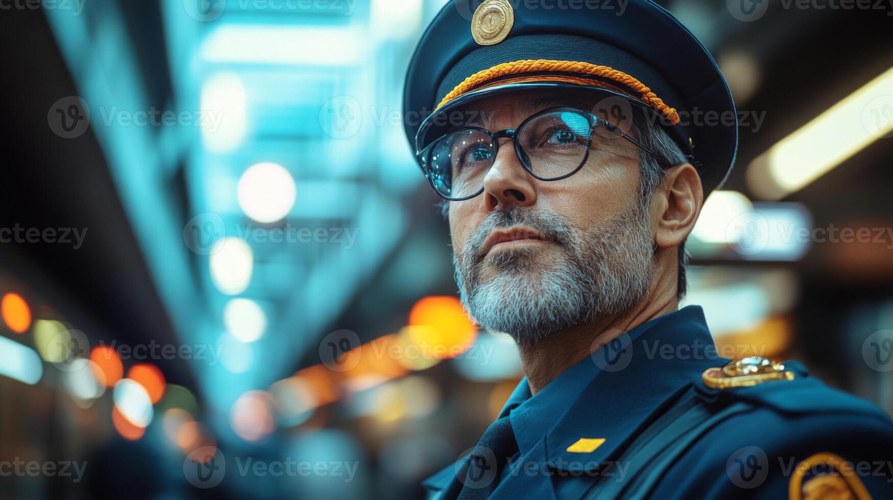 A security officer oversees a transportation area, observing the flow of passengers and vehicles, enhancing security and operational efficiency in a bustling environment. photo