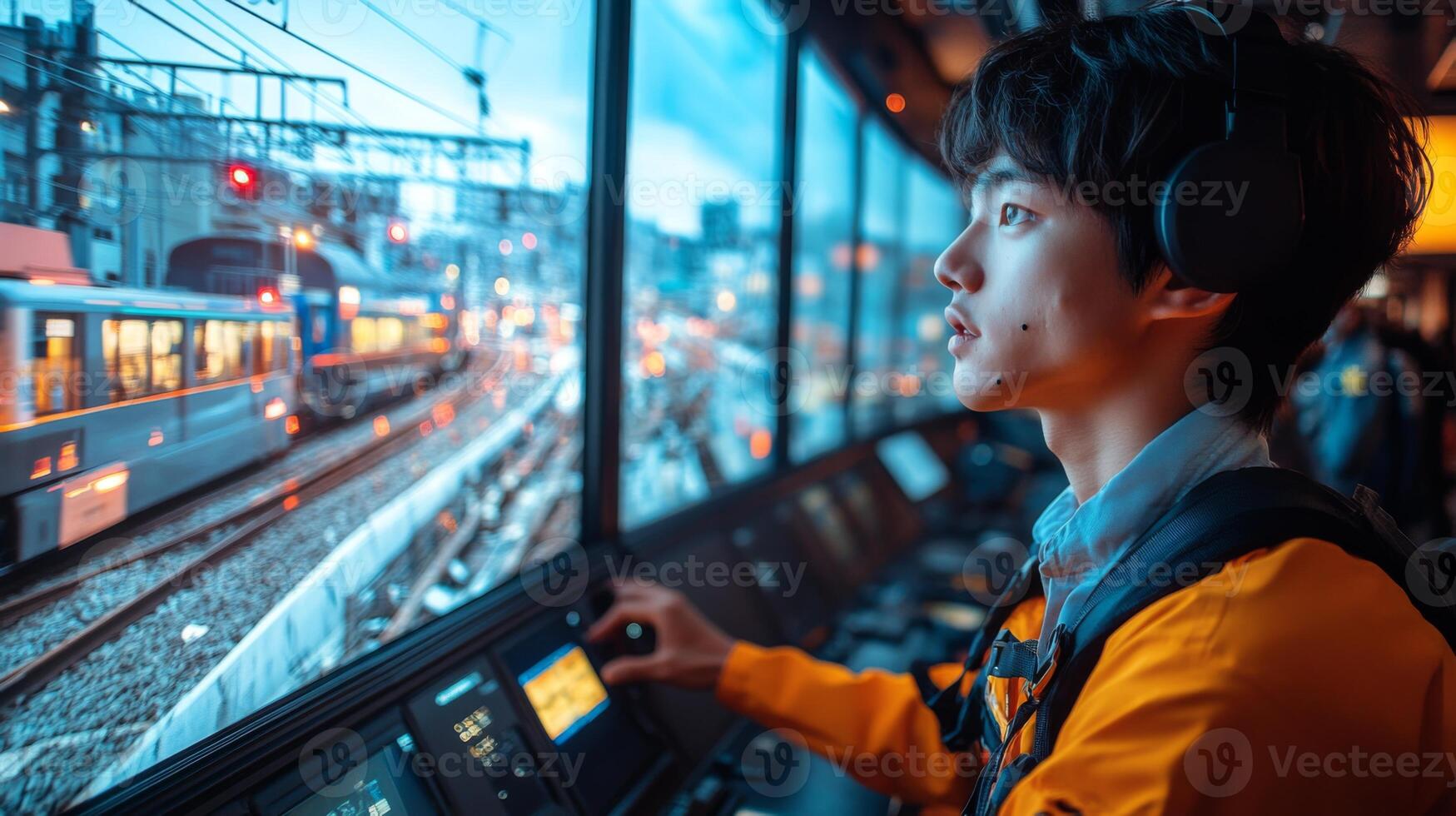 A young operator attentively oversees transportation systems, observing trains and infrastructure while managing logistics and security in a bustling city at dusk. photo
