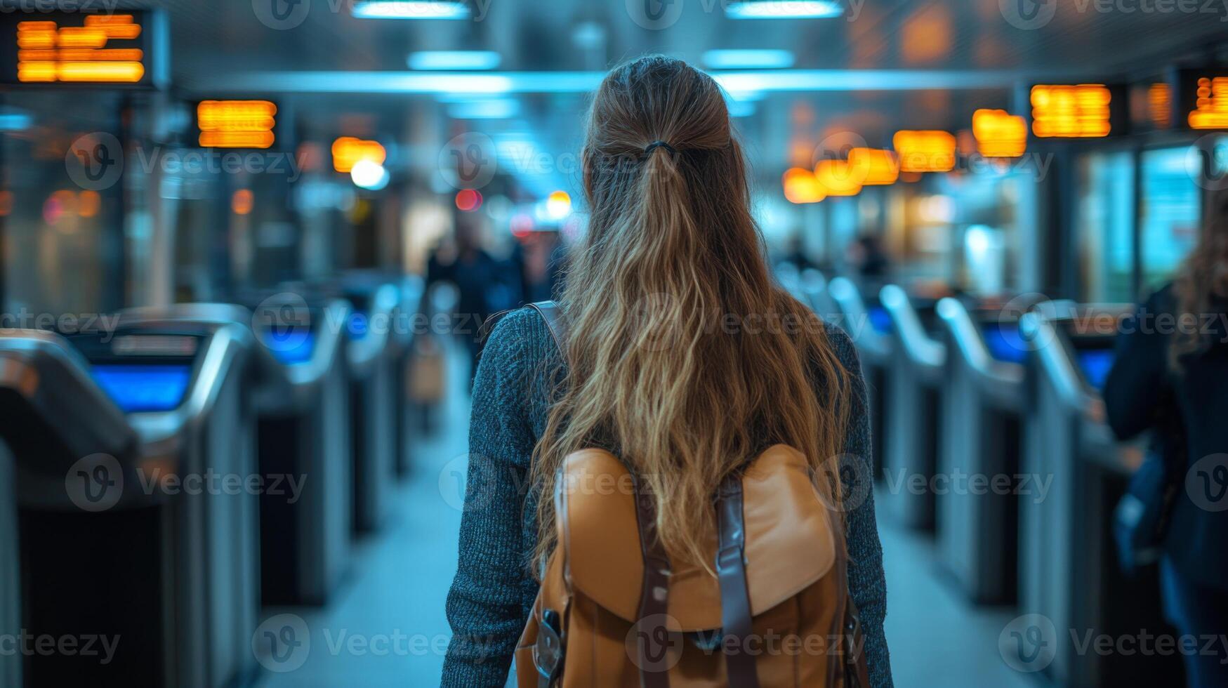 A woman with long hair walks towards automated checkpoints at a busy transportation hub, where monitors display information for commuters. The atmosphere indicates a blend of security and efficiency. photo
