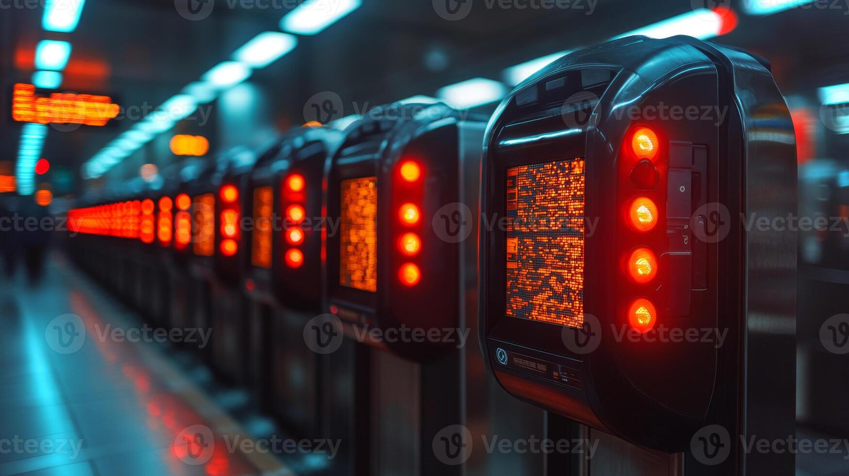 A series of automated checkpoints are operational with glowing red indicators, enhancing security and monitoring in a bustling transportation hub during evening hours. photo