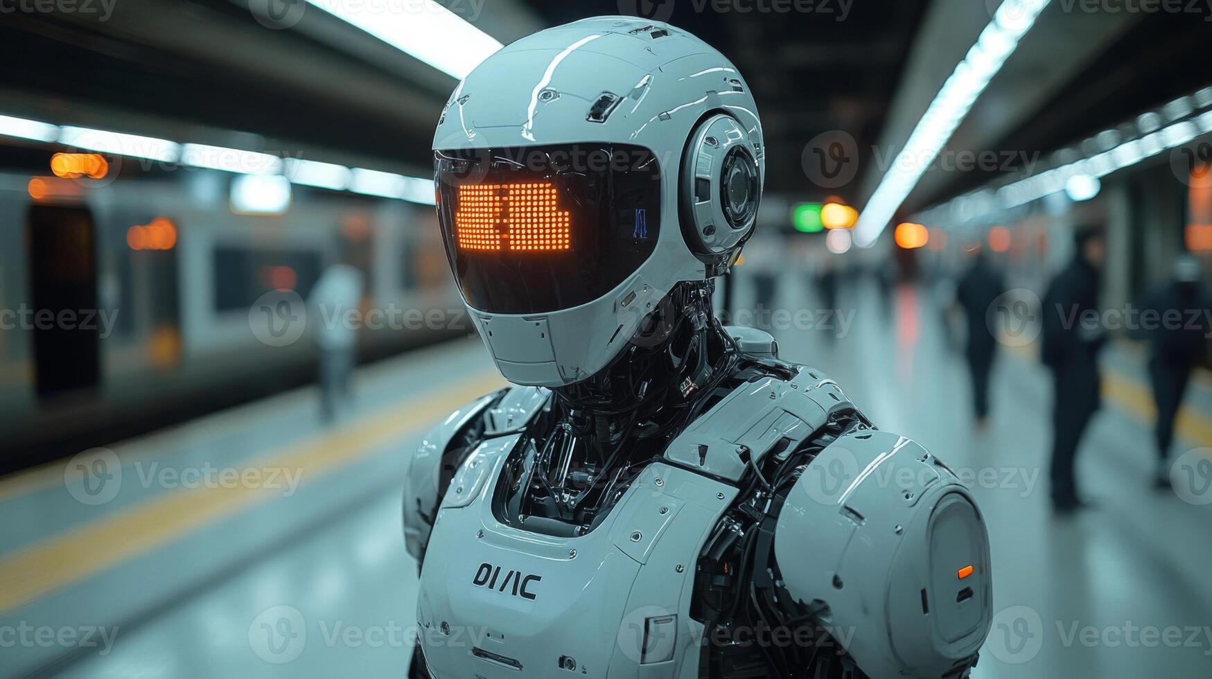 A humanoid robot stands in a transportation station, actively monitoring the area for safety and security. The environment is bustling with commuters during rush hour. photo