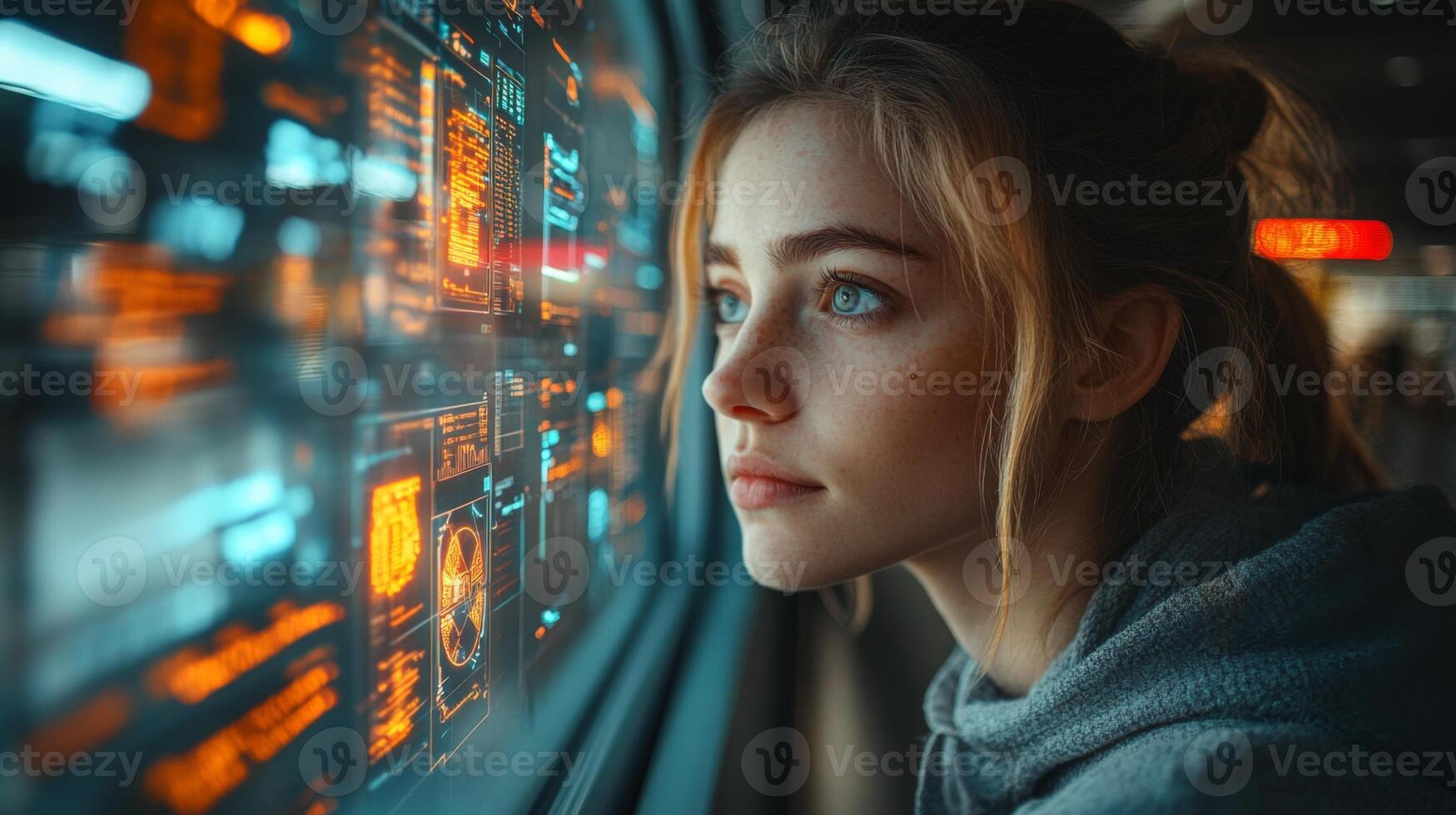 A young woman is focused on monitoring transportation data through digital displays in a control center, highlighting automation and security in logistics operations. photo