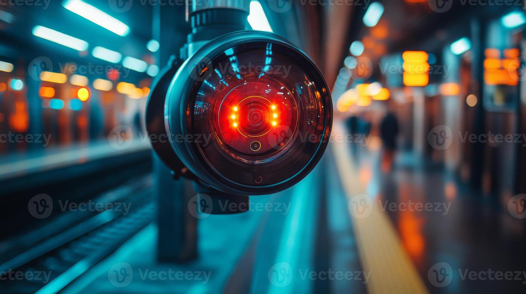 A red surveillance camera is positioned in a transportation hub, capturing activity during the evening rush hour. Commuters are visible in the background as they navigate the platform. photo