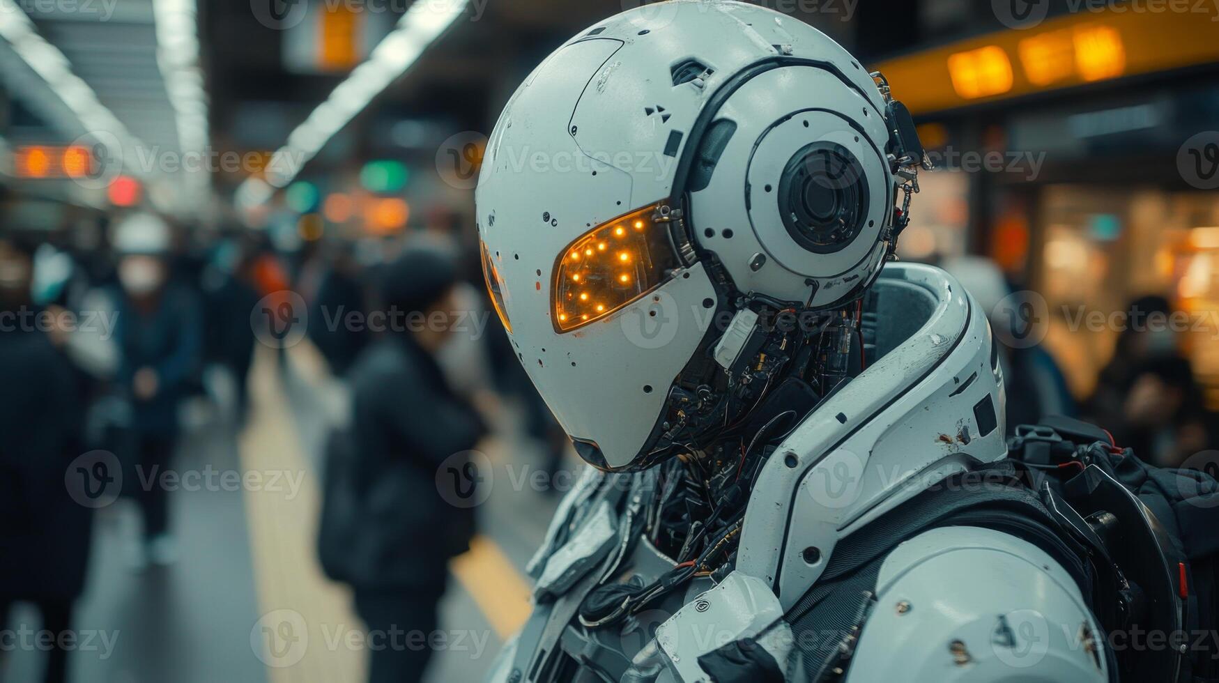 A robotic assistant is stationed at a bustling transit hub, actively monitoring passenger movement and ensuring smooth operations during high traffic periods. photo