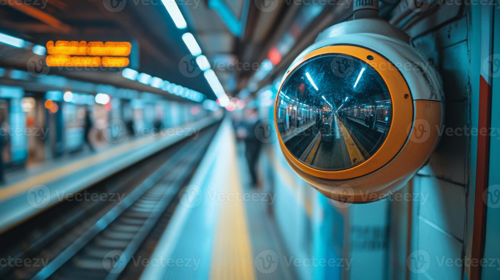 Surveillance camera installed at a subway platform captures commuter activity while trains arrive and depart, ensuring safety and operational efficiency in the transit system. photo