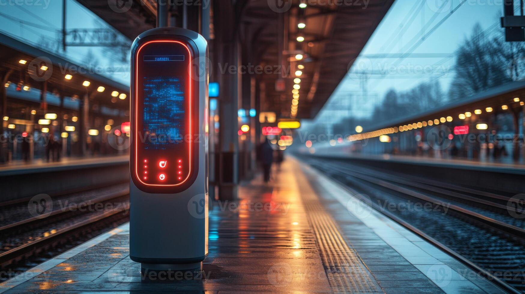 A modern surveillance checkpoint is positioned at an automated transport station with illuminated platforms and train tracks, reflecting ambient light during twilight. photo