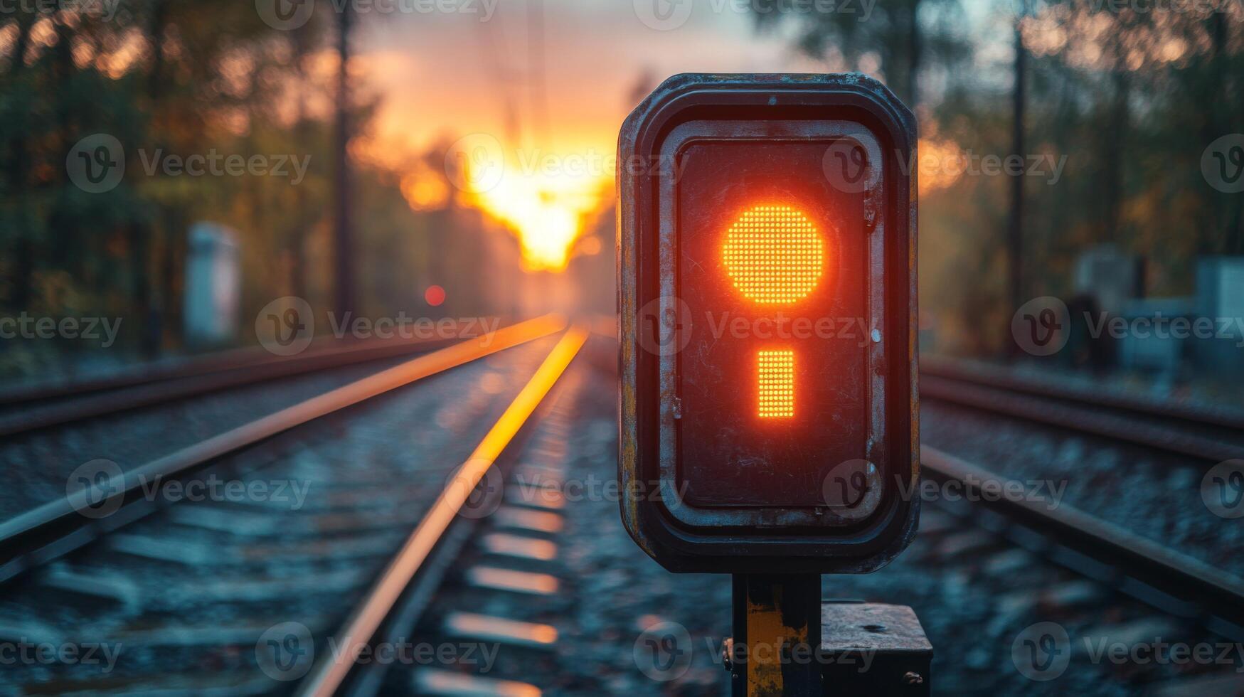 A red signal illuminates a railway crossing during twilight, emphasizing the critical role of monitoring and inspection for safety in transportation logistics and infrastructure. photo