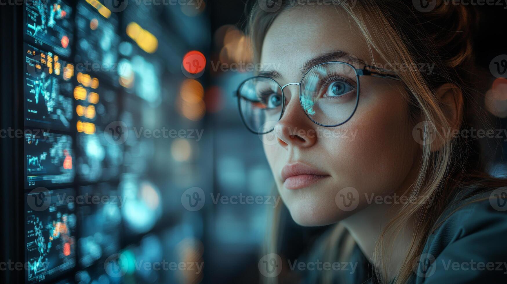 A diligent individual observes multiple screens displaying logistics and transportation data in a high tech control room. The setting emphasizes automation and monitoring for security and efficiency. photo
