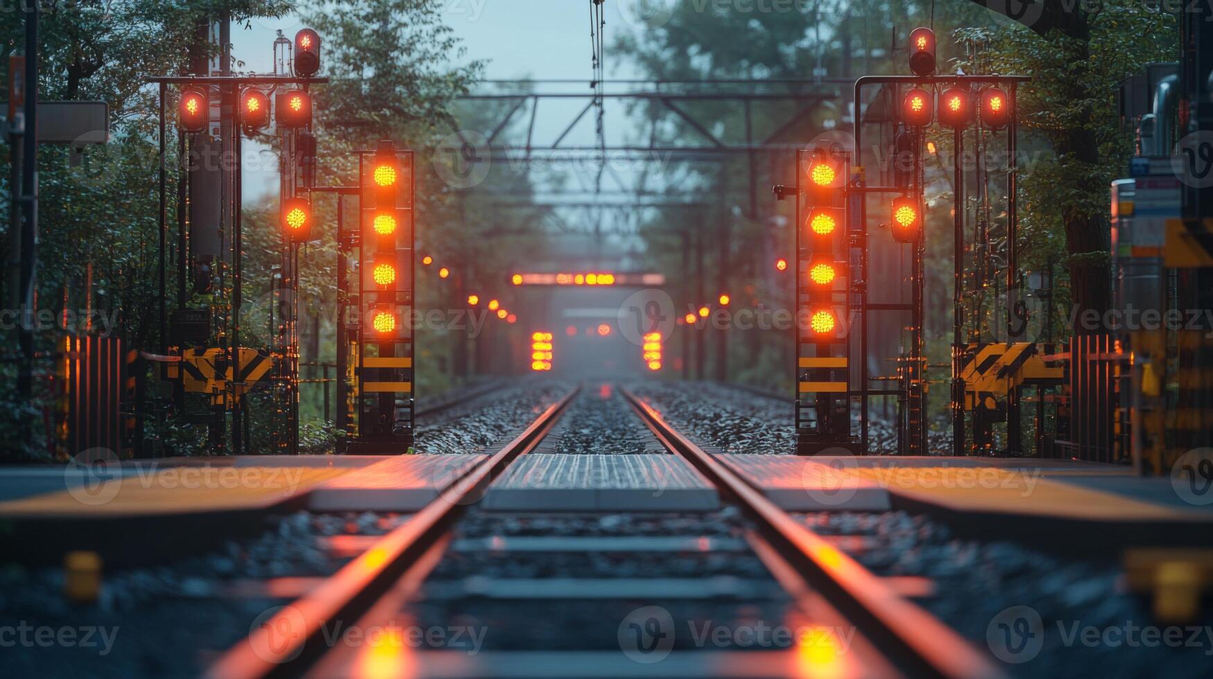 A railway checkpoint features a series of illuminated signal lights guiding trains through a foggy environment. Surveillance systems are positioned along the tracks for enhanced security. photo