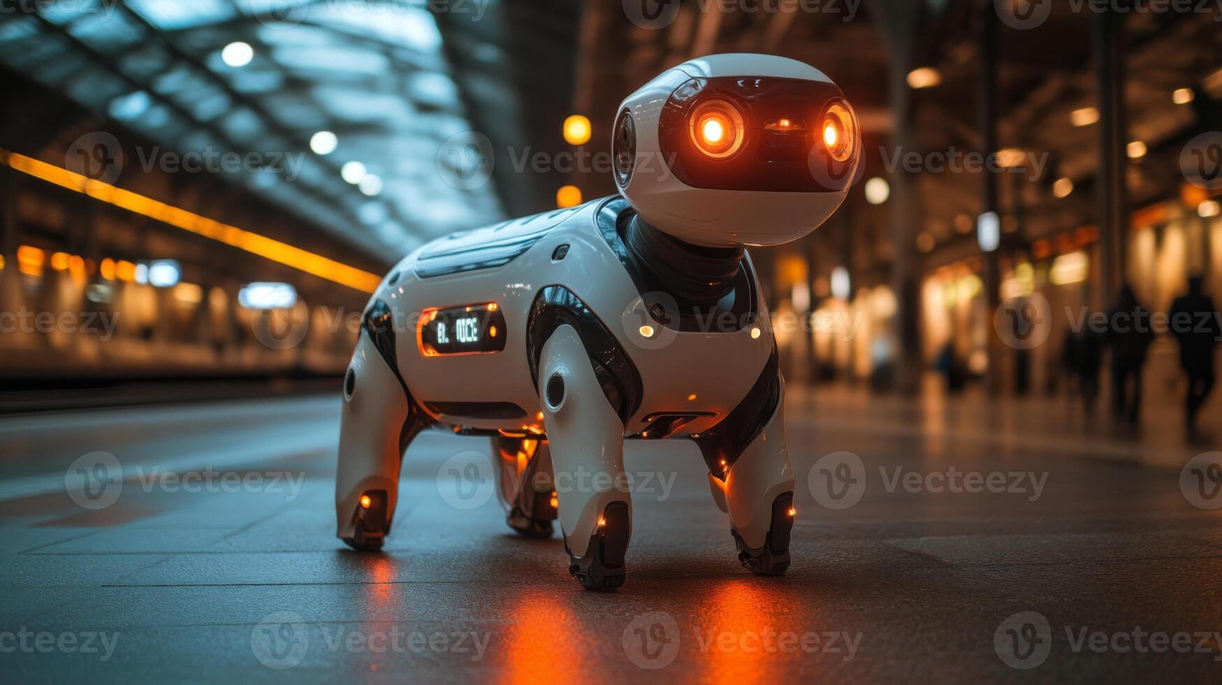 A robotic dog patrols a bustling transportation hub, observing passenger movements and inspecting the area for security risks amid an active urban environment. photo
