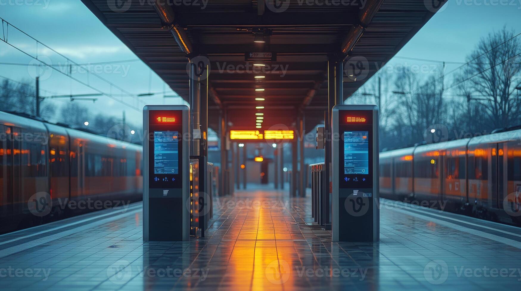 A train station features automated information systems, illuminated platforms, and nearby waiting trains as dusk sets in, emphasizing logistics and security in public transportation. photo