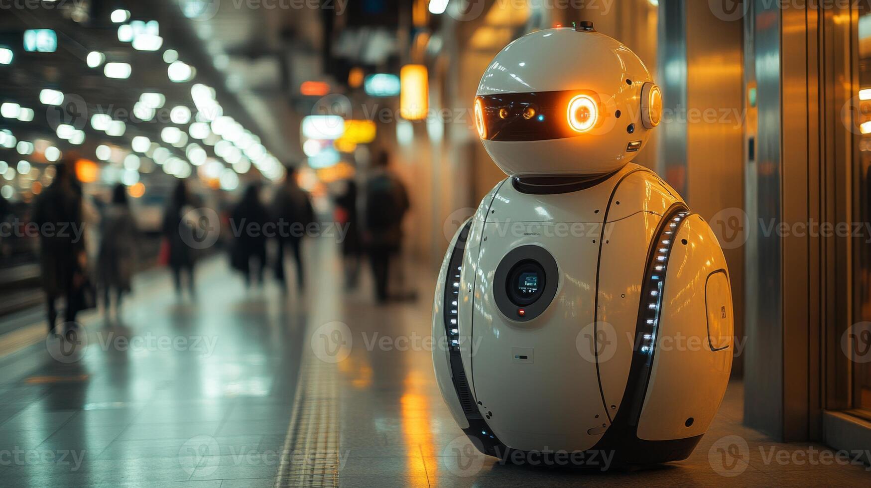 A robotic surveillance unit stands at a bustling transport hub, actively monitoring and inspecting passengers while enhancing security and logistics automation efforts during peak hours. photo