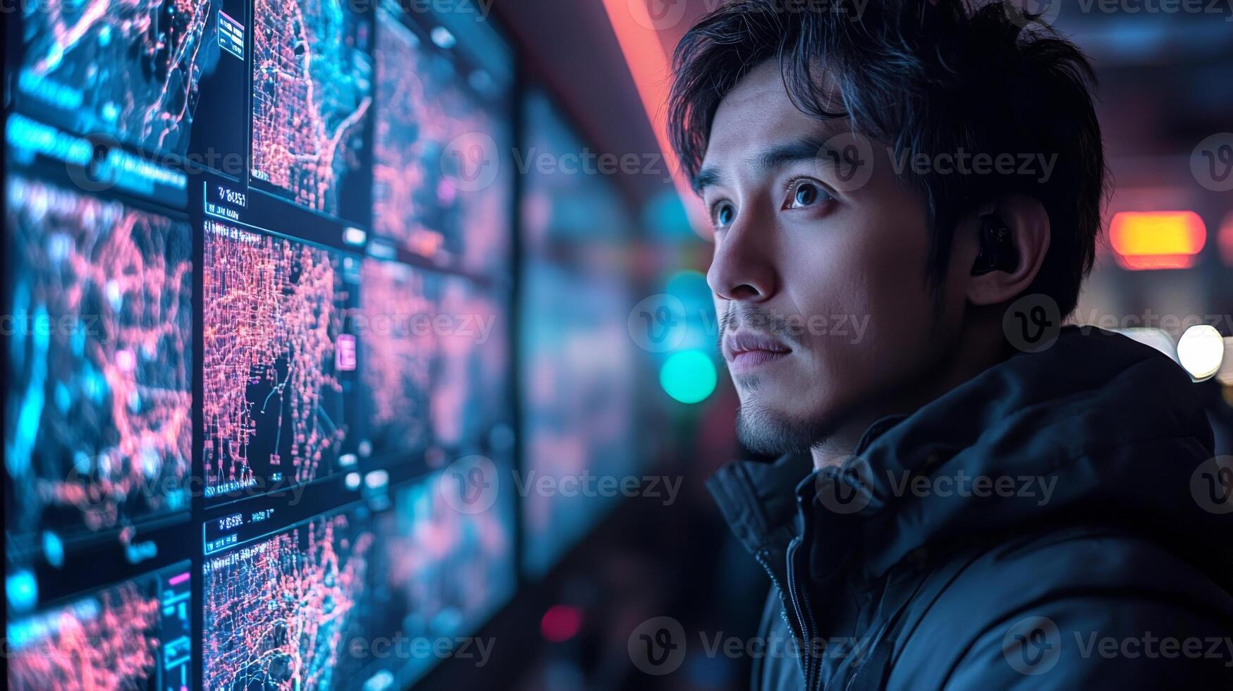 An operator analyzes data on multiple screens displaying real time logistics and transportation information while ensuring security and efficiency at a monitoring station. photo