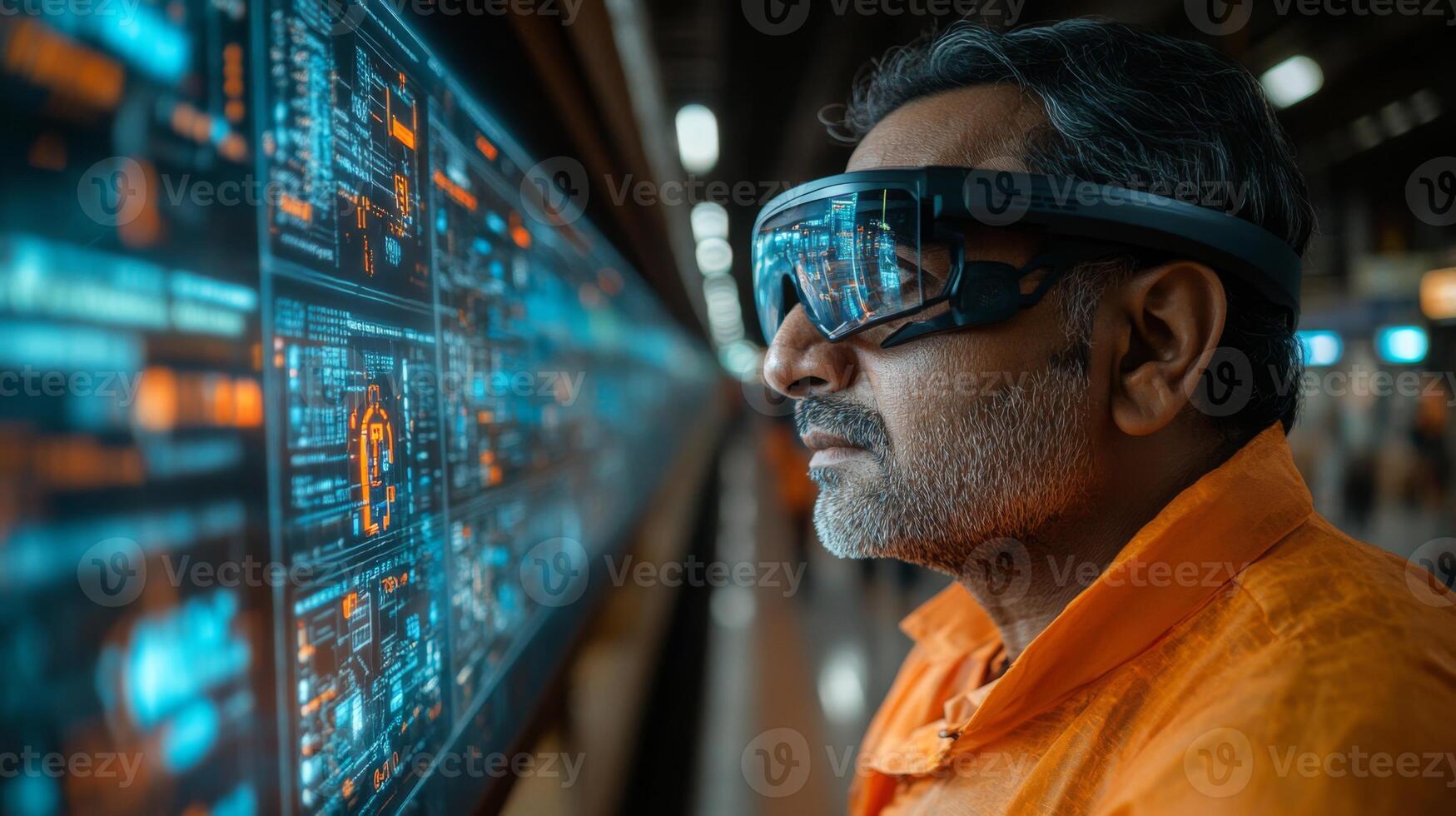 A worker in an orange uniform utilizes augmented reality glasses to monitor and inspect logistics and transportation data in a busy infrastructure setting. photo