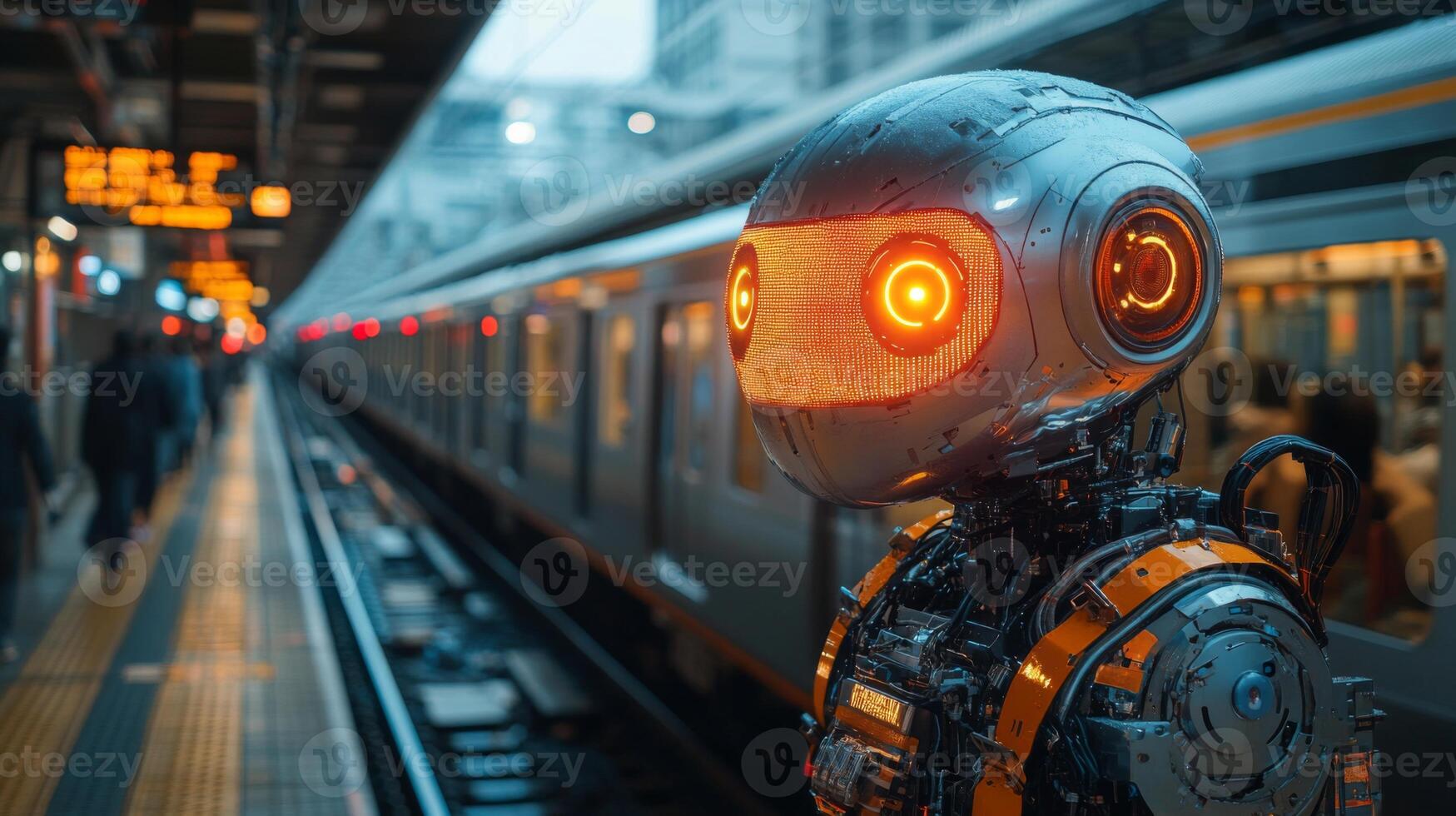 A robotic assistant stands at a busy urban train station, monitoring passenger flow and enhancing security during peak travel time while autonomous vehicles arrive. photo