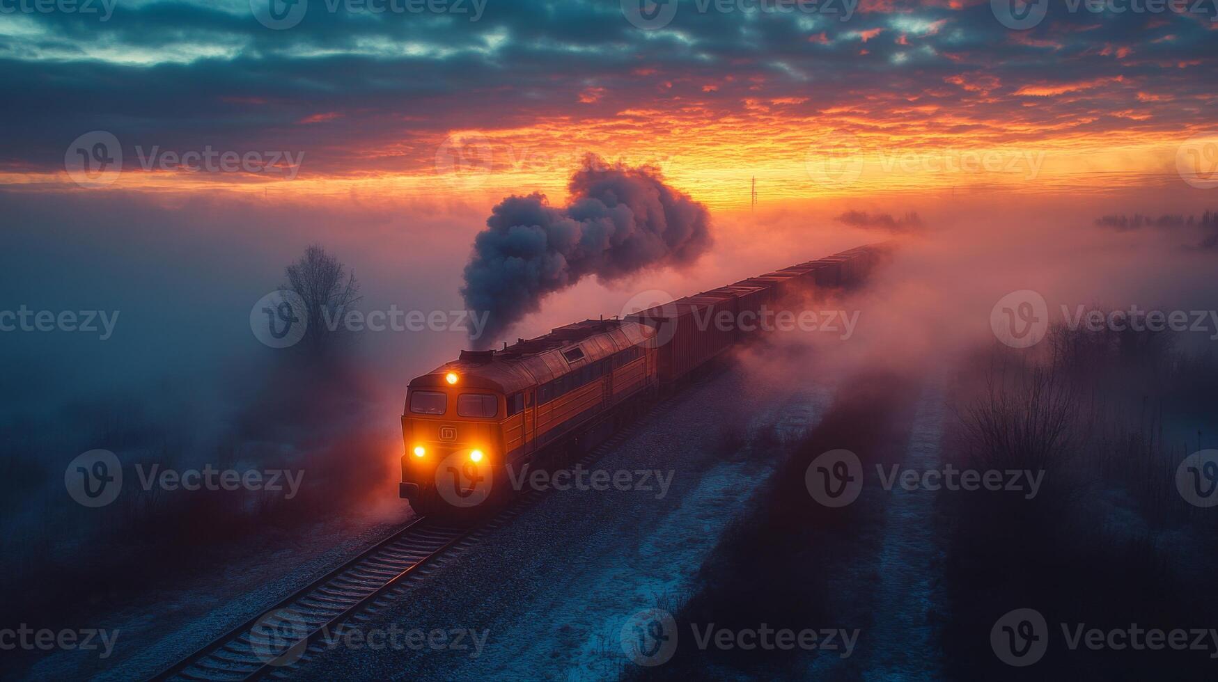 A freight train moves steadily along the tracks, carrying cargo through a misty environment as the sun rises, casting a warm glow across the landscape. Smoke billows from the engine. photo