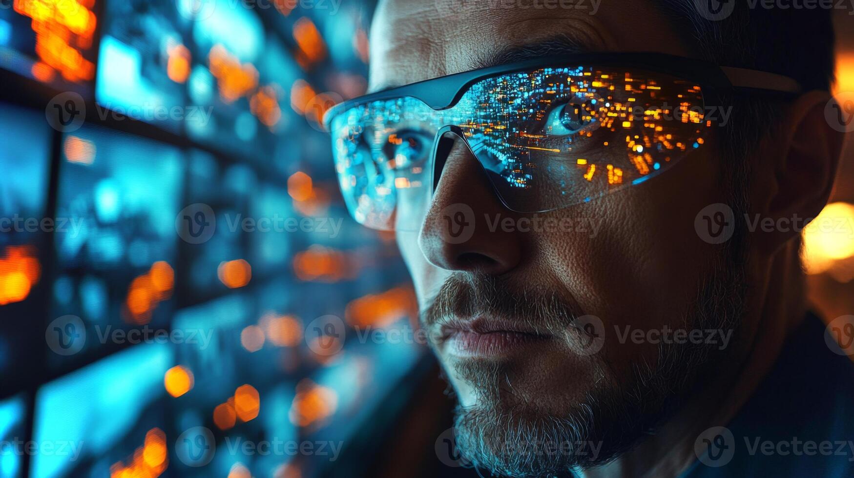 A person wearing smart glasses examines multiple screens displaying logistics and transportation data in a high tech monitoring environment at twilight. photo