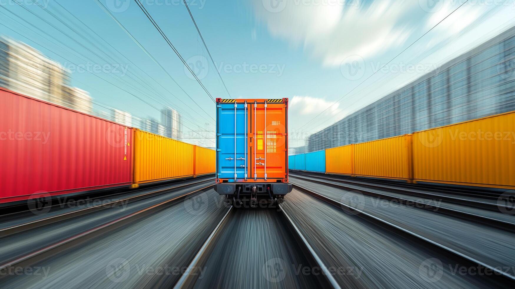 A freight train moves swiftly along tracks lined with vibrant cargo containers. The urban skyline looms in the background under a clear blue sky, showcasing efficient transportation and logistics. photo